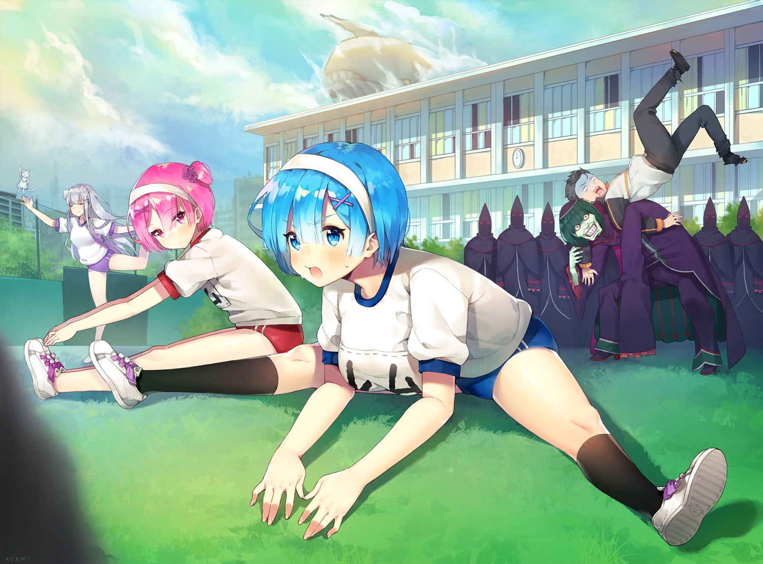 animal, aqua_eyes, aqua_hair, ayamy, betelgeuse_romanee-conti, black_hair, bloomers, blush