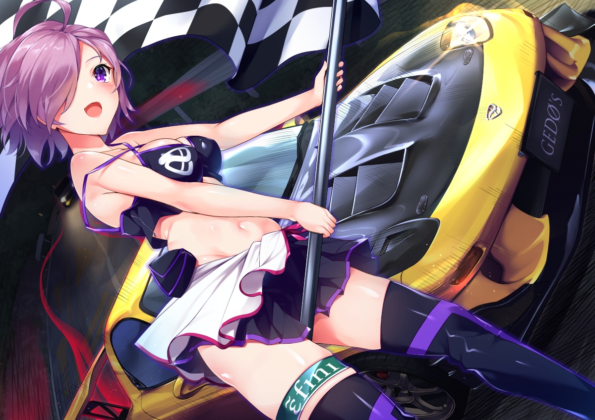 breasts, car, fate/grand_order, fate_(series), gedou_(shigure_seishin), mash_kyrielight, navel, purple_eyes