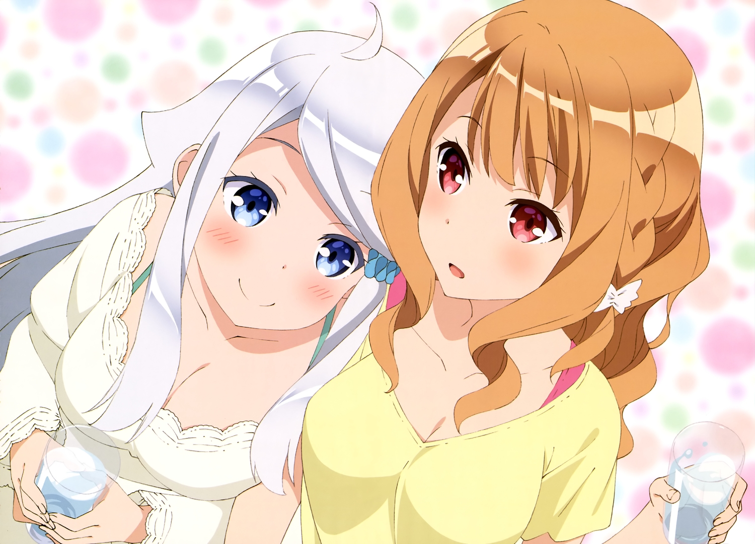 2girls, blue_eyes, blush, braids, brown_hair, drink, imouto_sae_ireba_ii., kani_nayuta