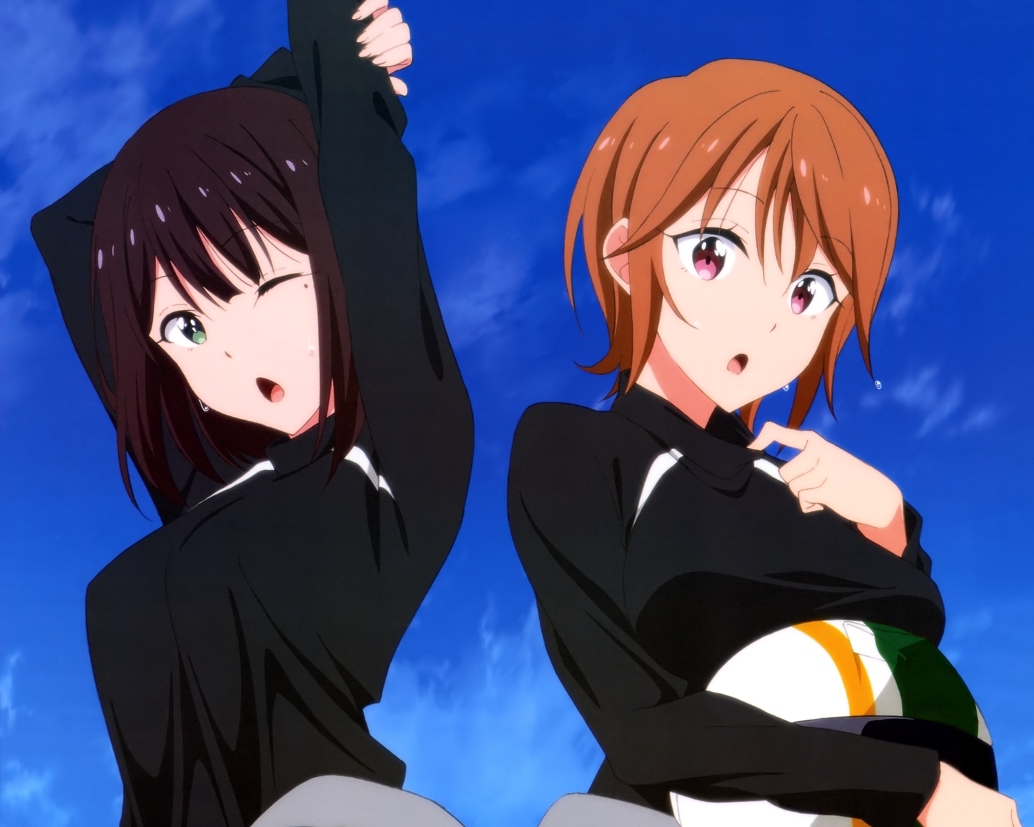2girls, brown_hair, cropped, green_eyes, meguro_megumi, miyata_yuri, nyantype, pink_eyes