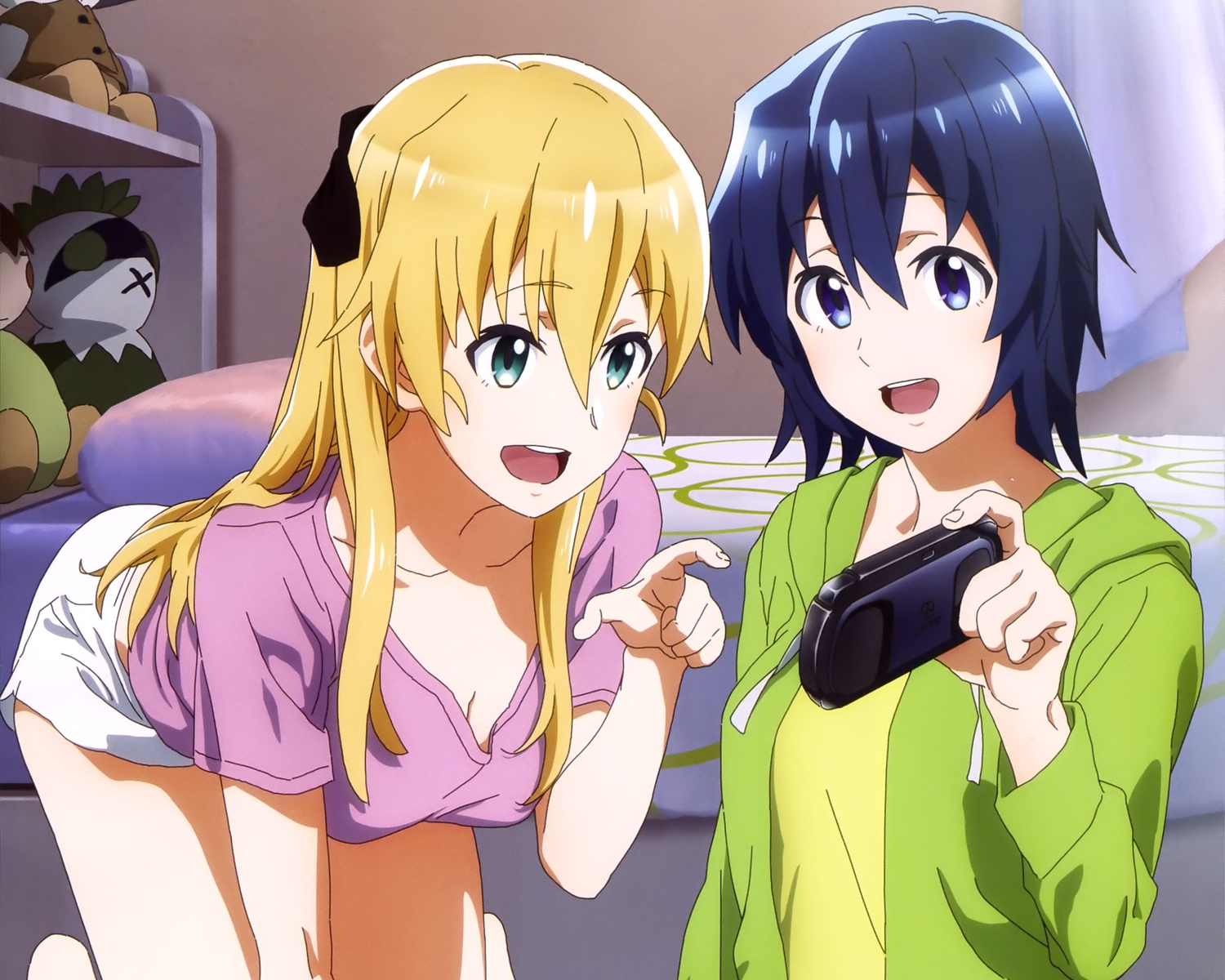 2girls, bed, blonde_hair, blue_eyes, blue_hair, cropped, furuhashi_satoshi, game_console