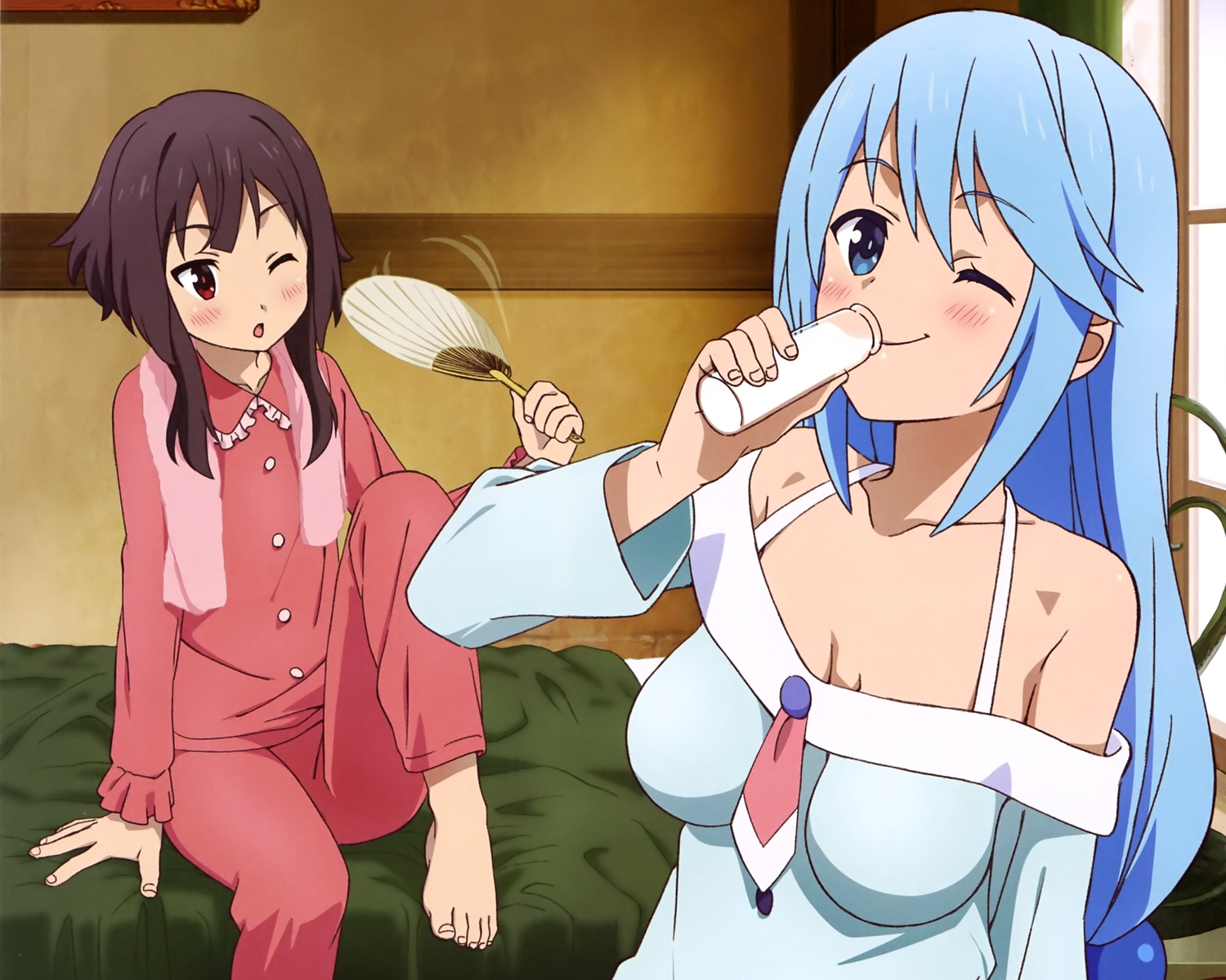 aqua_eyes, aqua_hair, aqua_(konosuba), barefoot, bed, breasts, brown_hair, cropped
