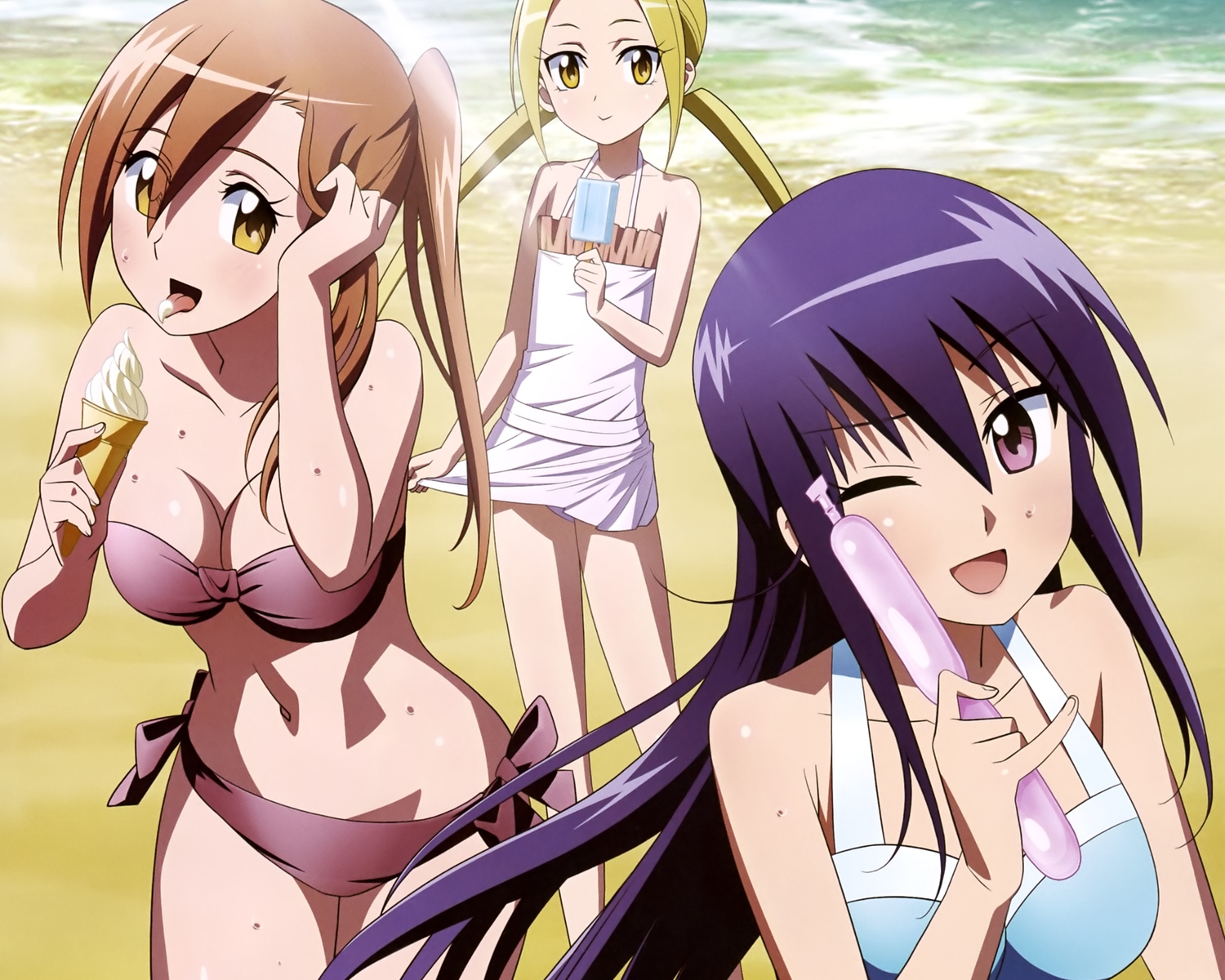 amakusa_shino, bikini, blonde_hair, breasts, brown_hair, cropped, food, furuta_makoto
