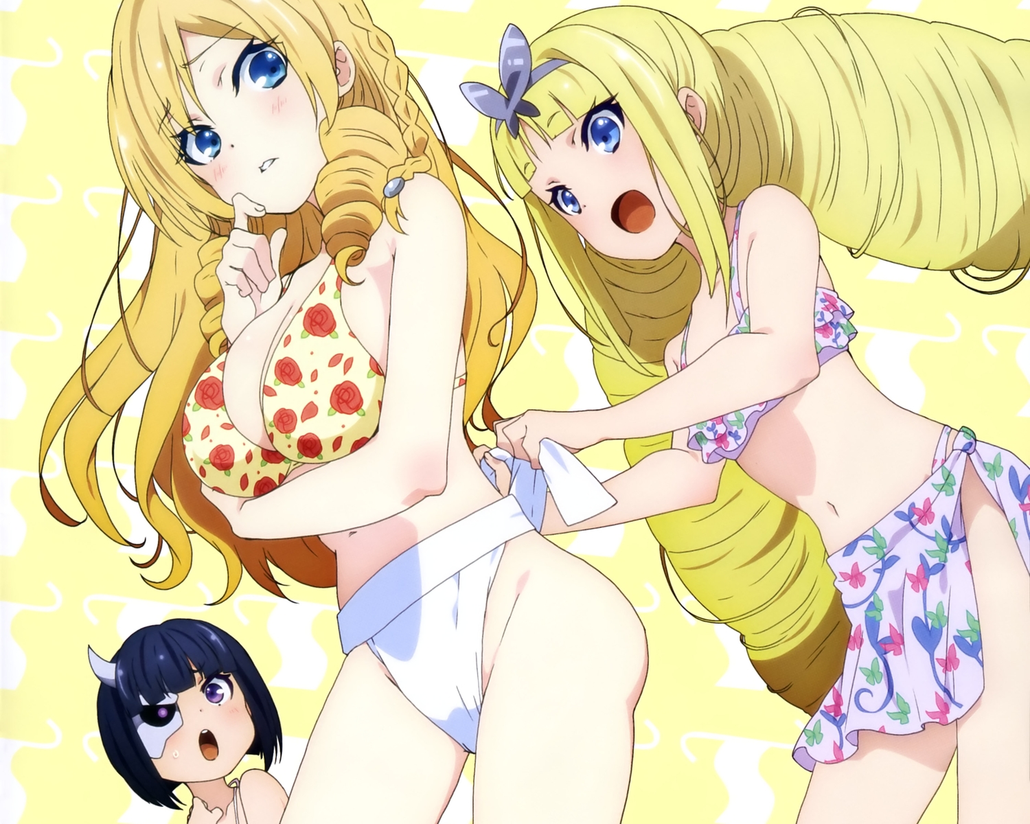 aqua_eyes, bikini_top, blonde_hair, blush, braids, breast_hold, breasts, busou_shoujo_machiavellism