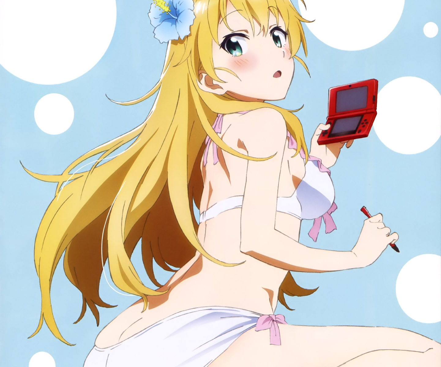ass, bikini, blonde_hair, blush, breasts, cropped, flowers, game_console, gamers!, green_eyes, long_hair, megami, scan, shimada_kazuaki, sideboob, swimsuit, tendou_karen