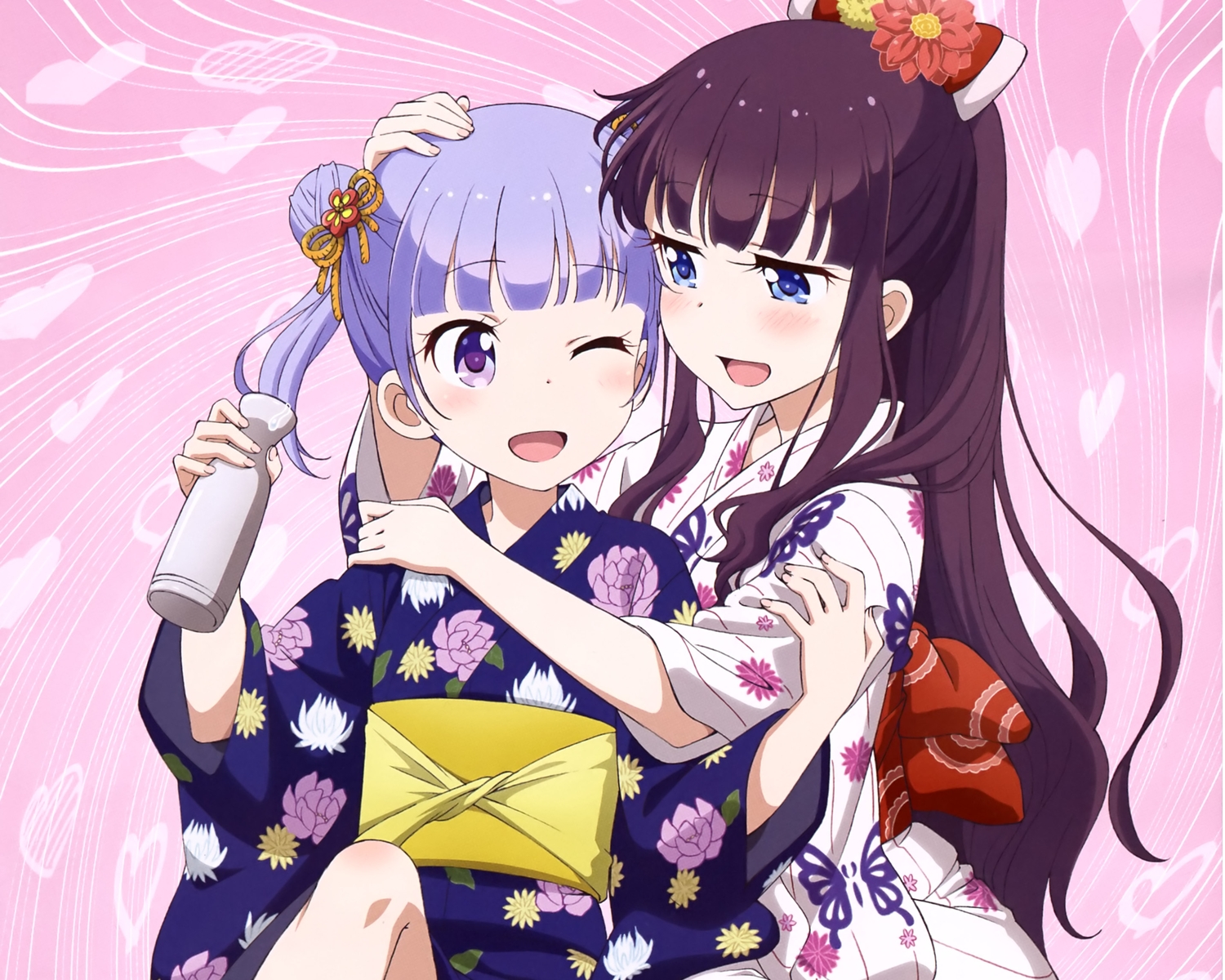 2girls, blue_eyes, blush, cropped, flowers, japanese_clothes, kaiho_hitomi, long_hair