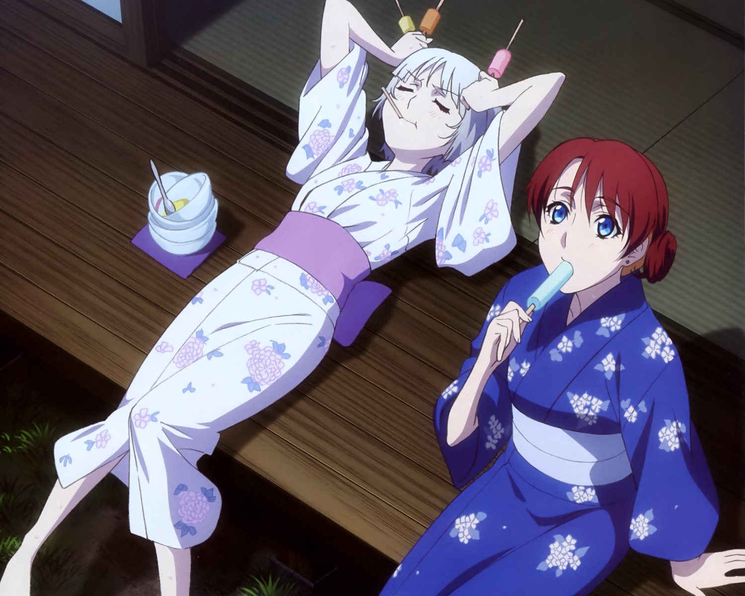 aqua_eyes, celestia_yupitilia, cropped, japanese_clothes, megami, meteora_osterreich, popsicle, re:creators, red_hair, scan, short_hair, suzuki_isamu, white_hair