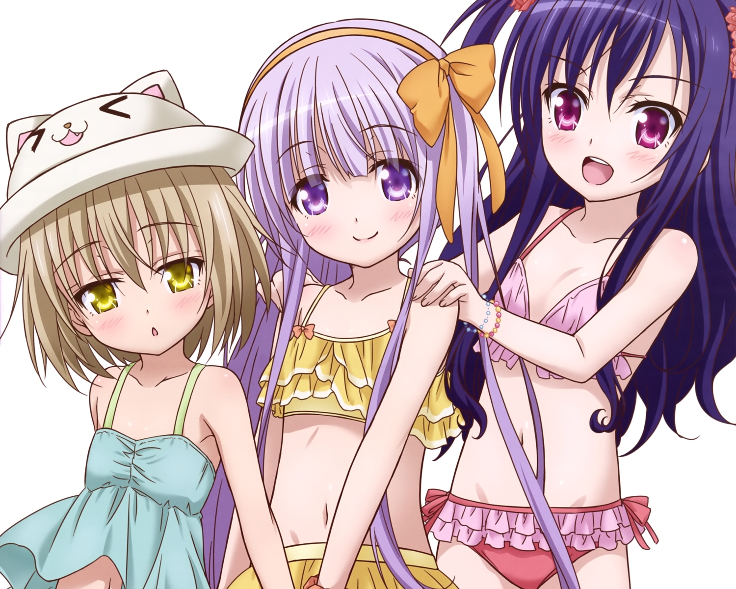 bikini, blue_hair, blush, bow, brown_hair, cropped, gotou_jun, hat