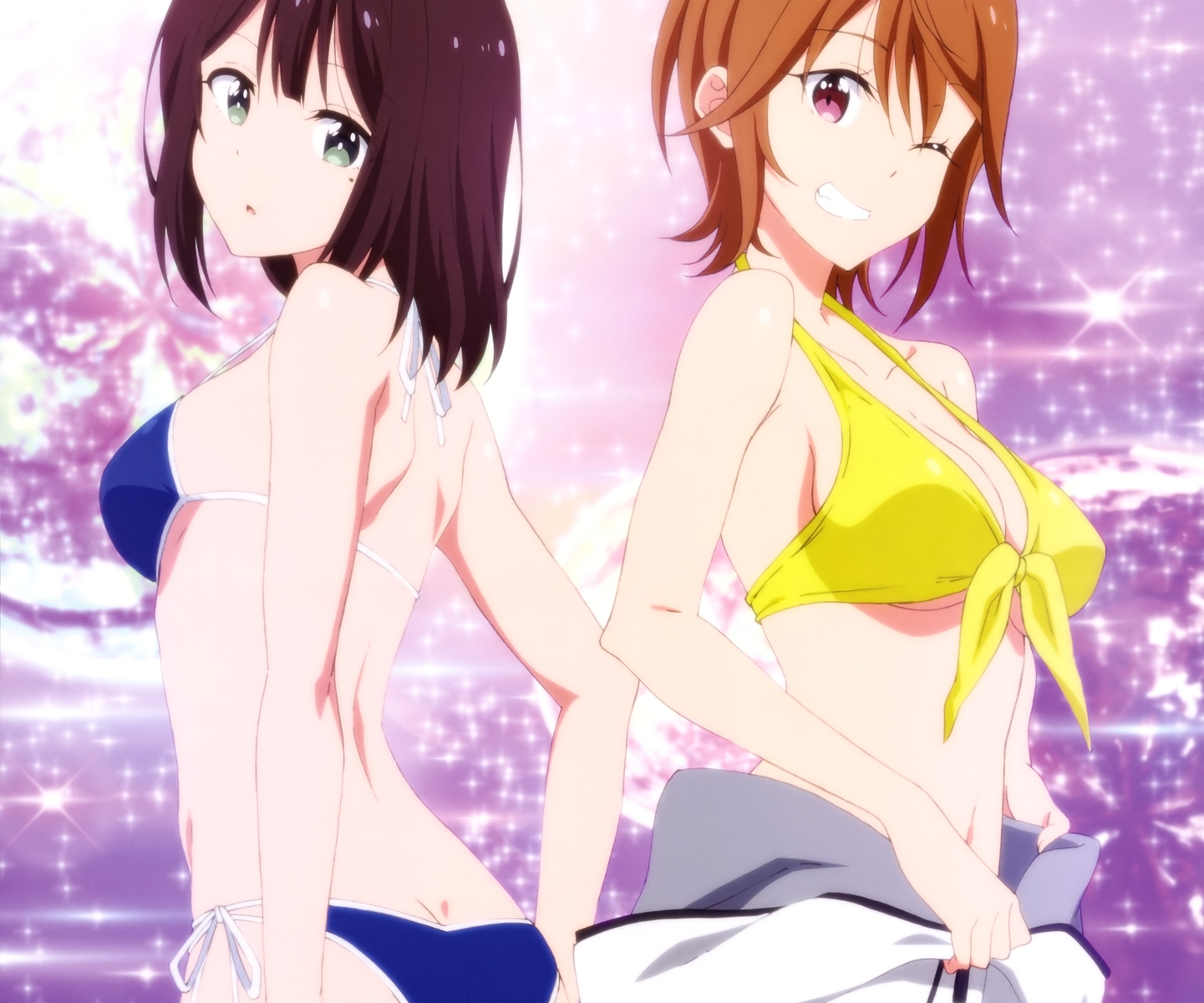 2girls, bikini, breasts, brown_hair, cropped, green_eyes, megami, meguro_megumi, miyata_yuri, pink_eyes, scan, short_hair, sideboob, swimsuit, two_car, wink, yamayoshi_kazuyuki