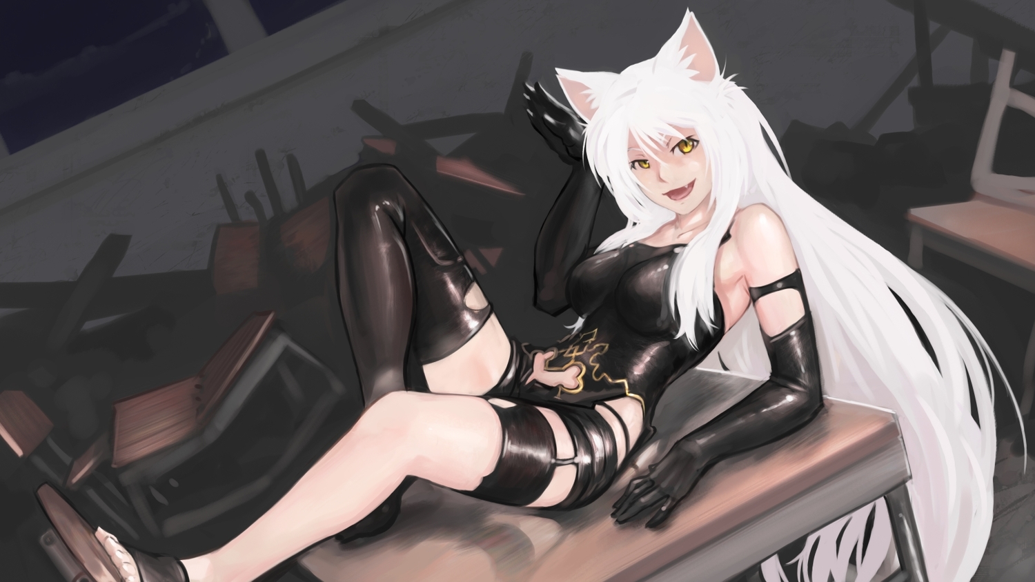 animal_ears, bakemonogatari, breasts, catgirl, cosplay, elbow_gloves, gloves, hanekawa_tsubasa