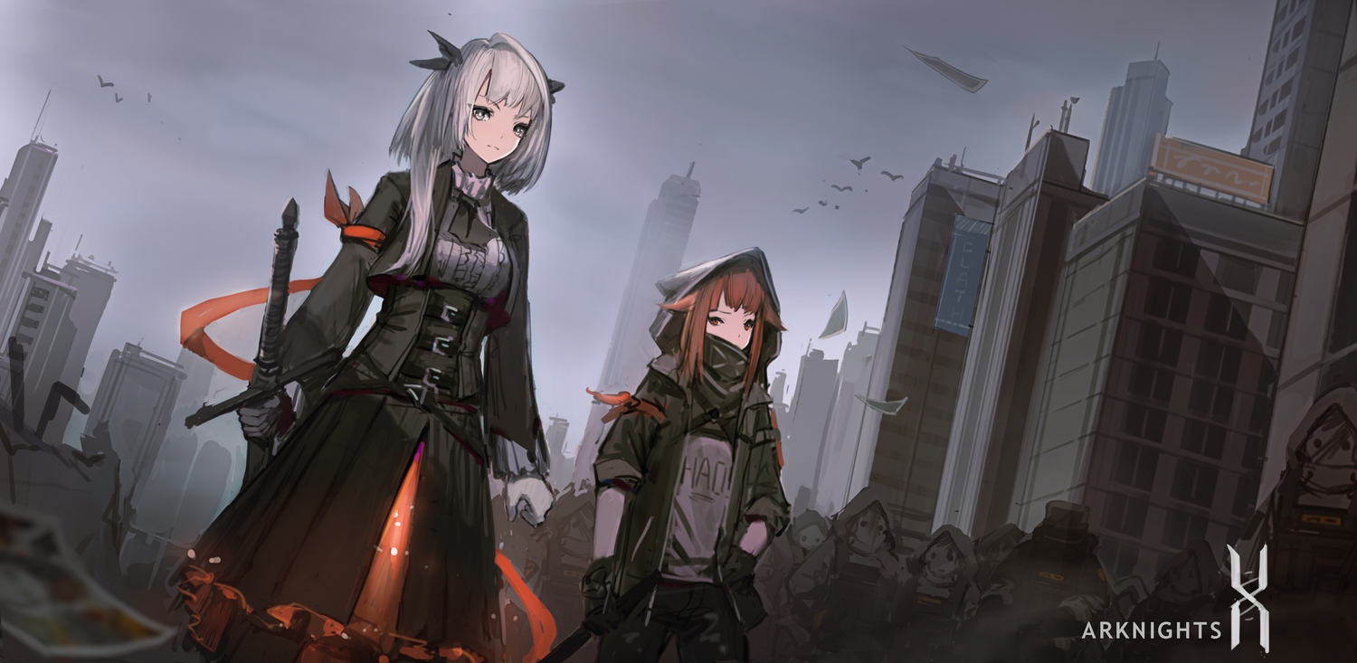 arknights, building, city, gloves, gray_eyes, gray_hair, heibaise_jiangshi, sword, weapon