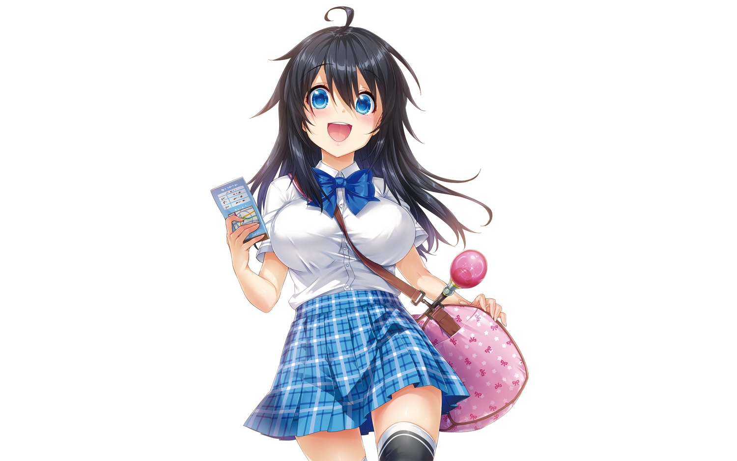aqua_eyes, black_hair, blush, bow, breasts, hisashi_(nekoman), netoge_no_yome_wa_onna_no_ko_janai_to_omotta?, school_uniform