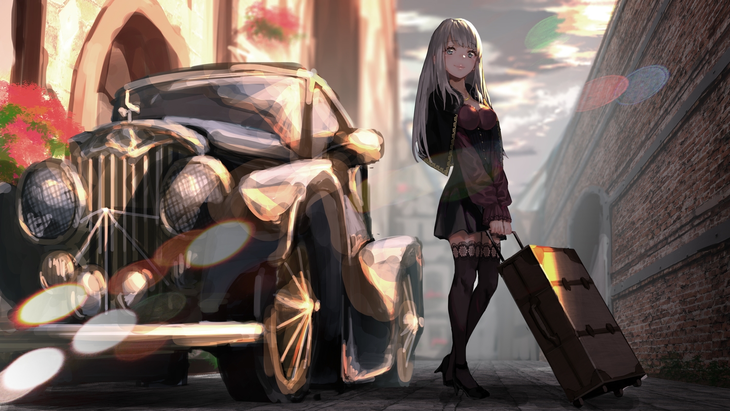 blue_eyes, building, gray_hair, long_hair, original, rolua, skirt, thighhighs