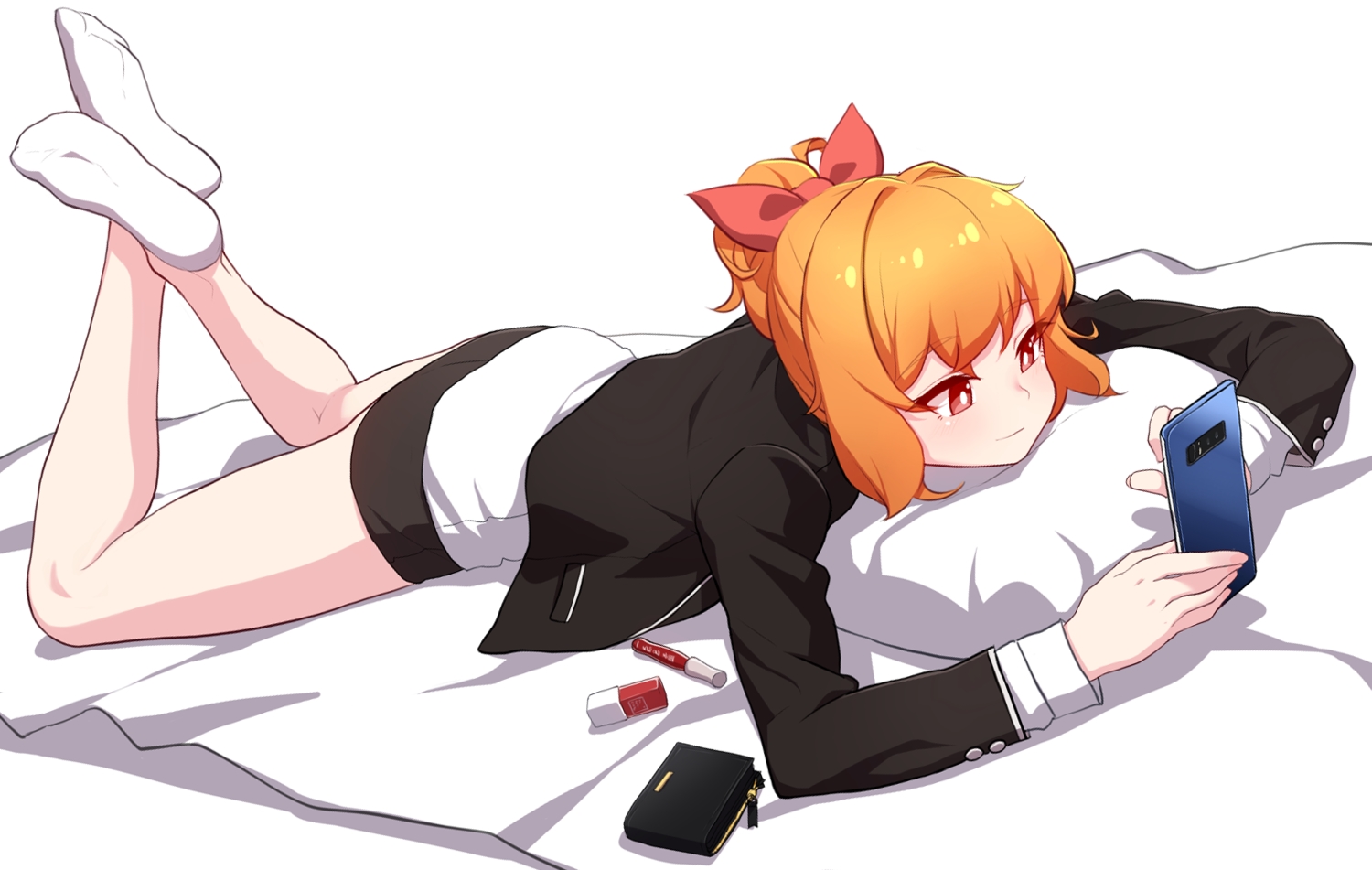 bed, narynn, narynn_(character), orange_hair, original, phone, ponytail, red_eyes
