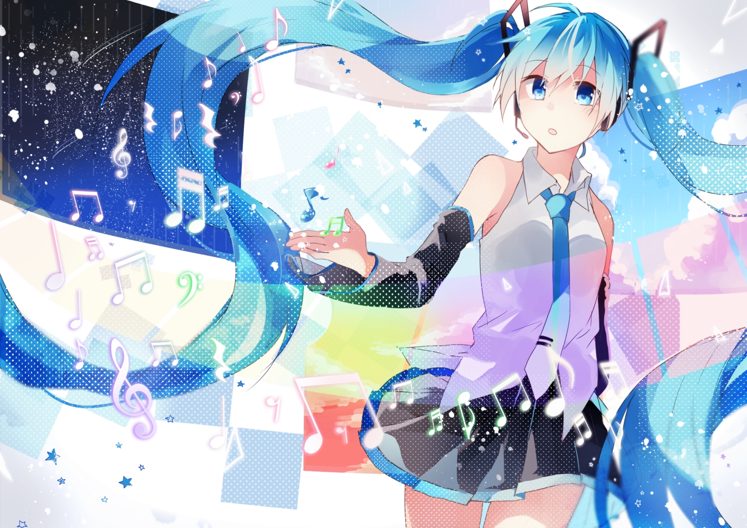 aqua_eyes, aqua_hair, hatsune_miku, long_hair, microphone, music, skirt, tie