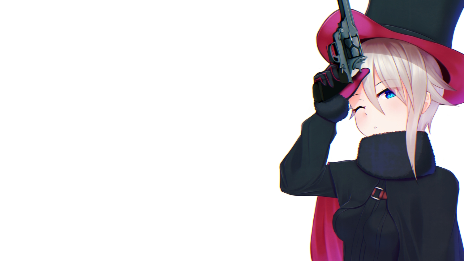 ange_le_carré, aqua_eyes, breasts, cape, gloves, gray_hair, gun, hat