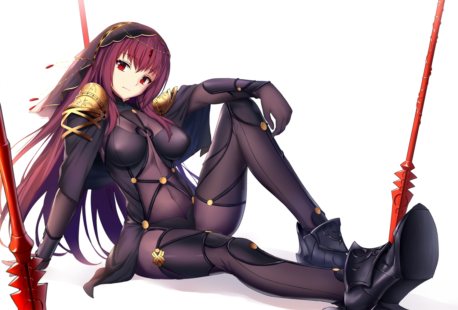 bodysuit, drogoth, fate/grand_order, fate_(series), headdress, long_hair, purple_hair, red_eyes