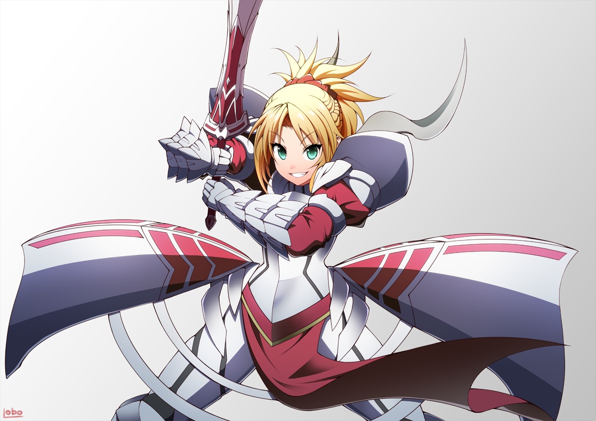 armor, blonde_hair, braids, fate/apocrypha, fate_(series), gradient, green_eyes, mordred