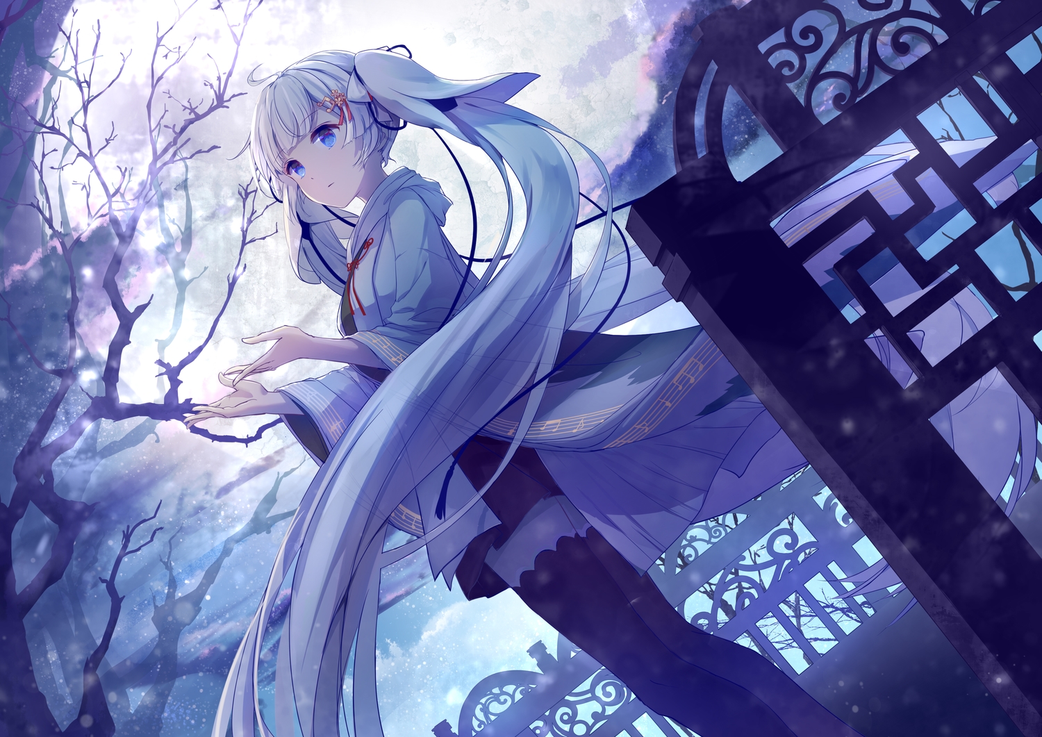 aqua_eyes, hatsune_miku, hood, long_hair, moon, thighhighs, twintails, vocaloid, white_hair, yue_yue