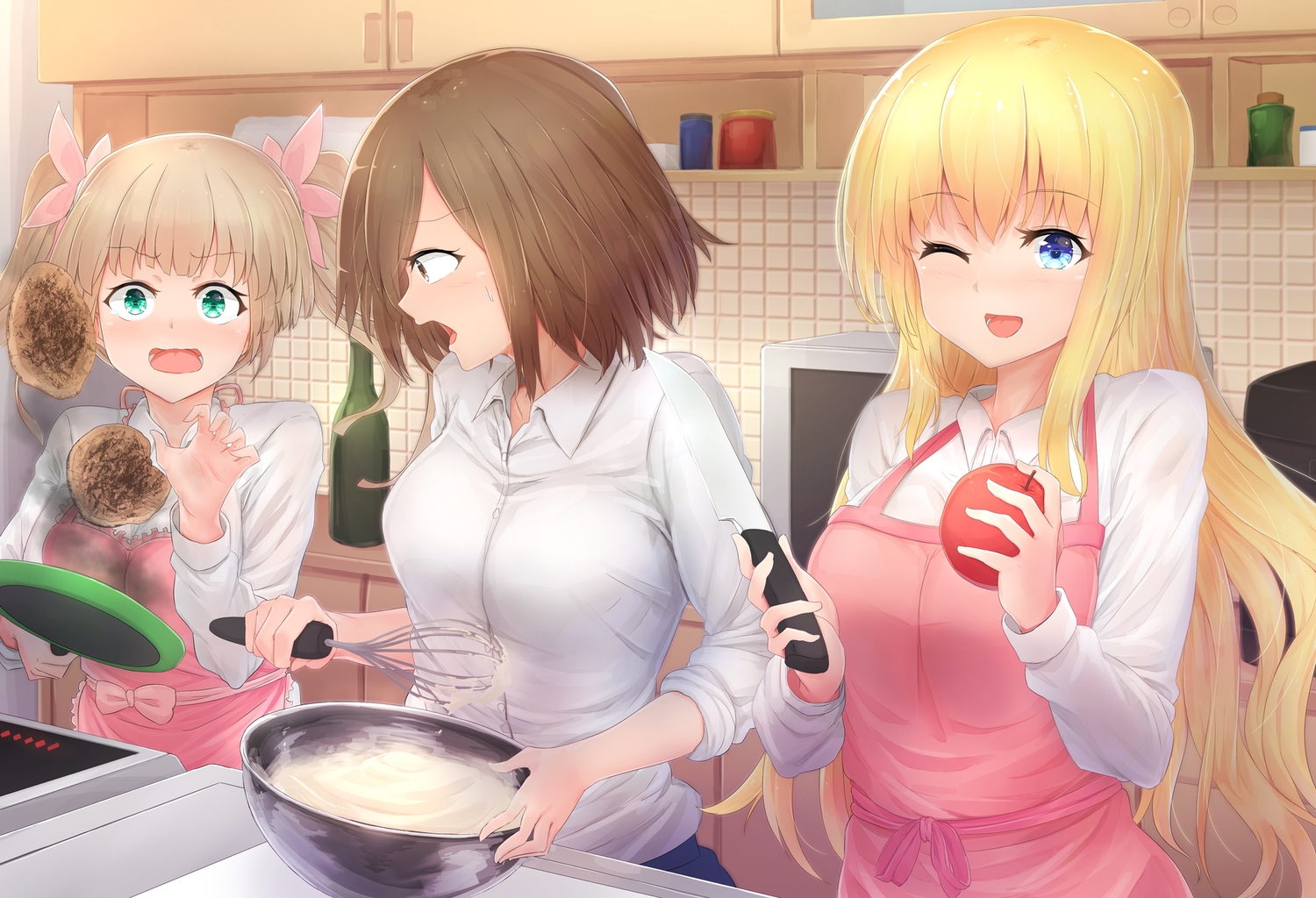 apple, apron, aqua_eyes, blonde_hair, blue_eyes, blush, brown_hair, food