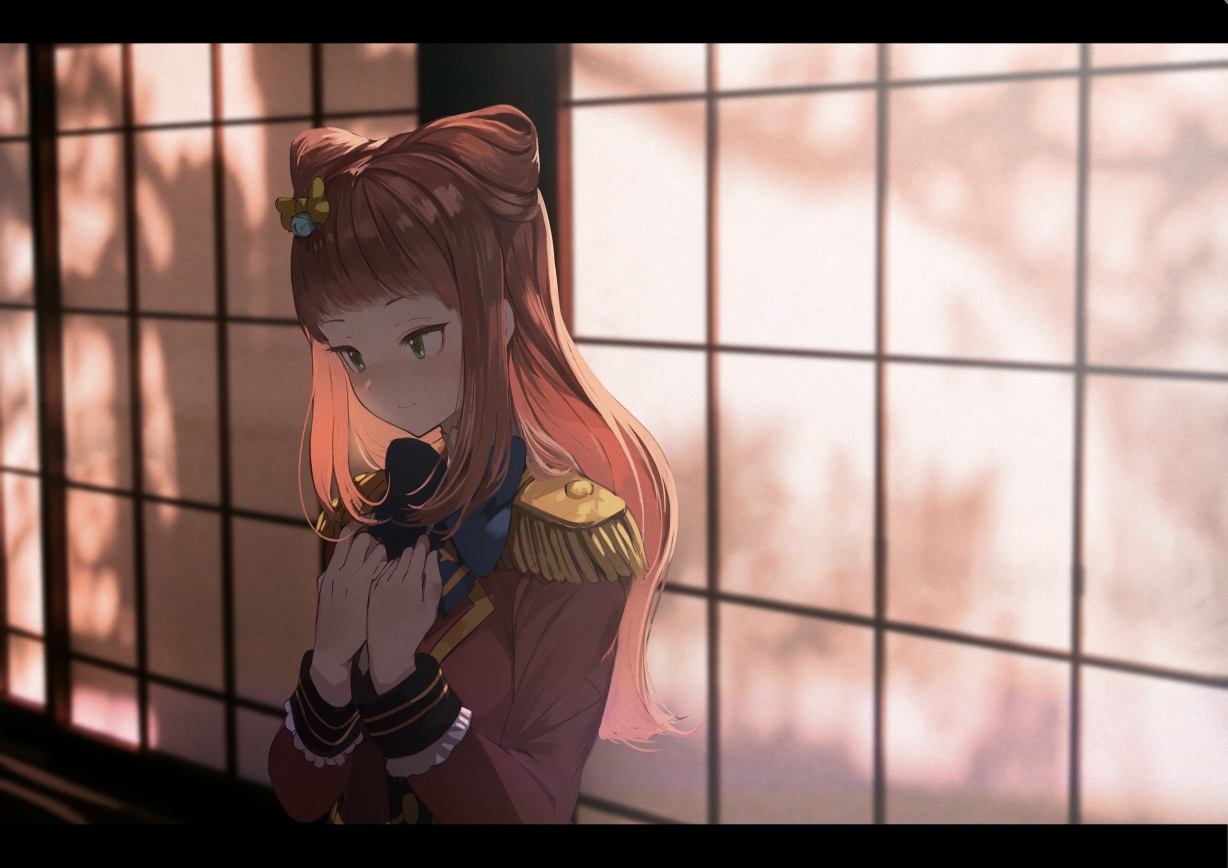 aikatsu!, bow, brown_hair, green_eyes, koruse, long_hair, saotome_ako, uniform