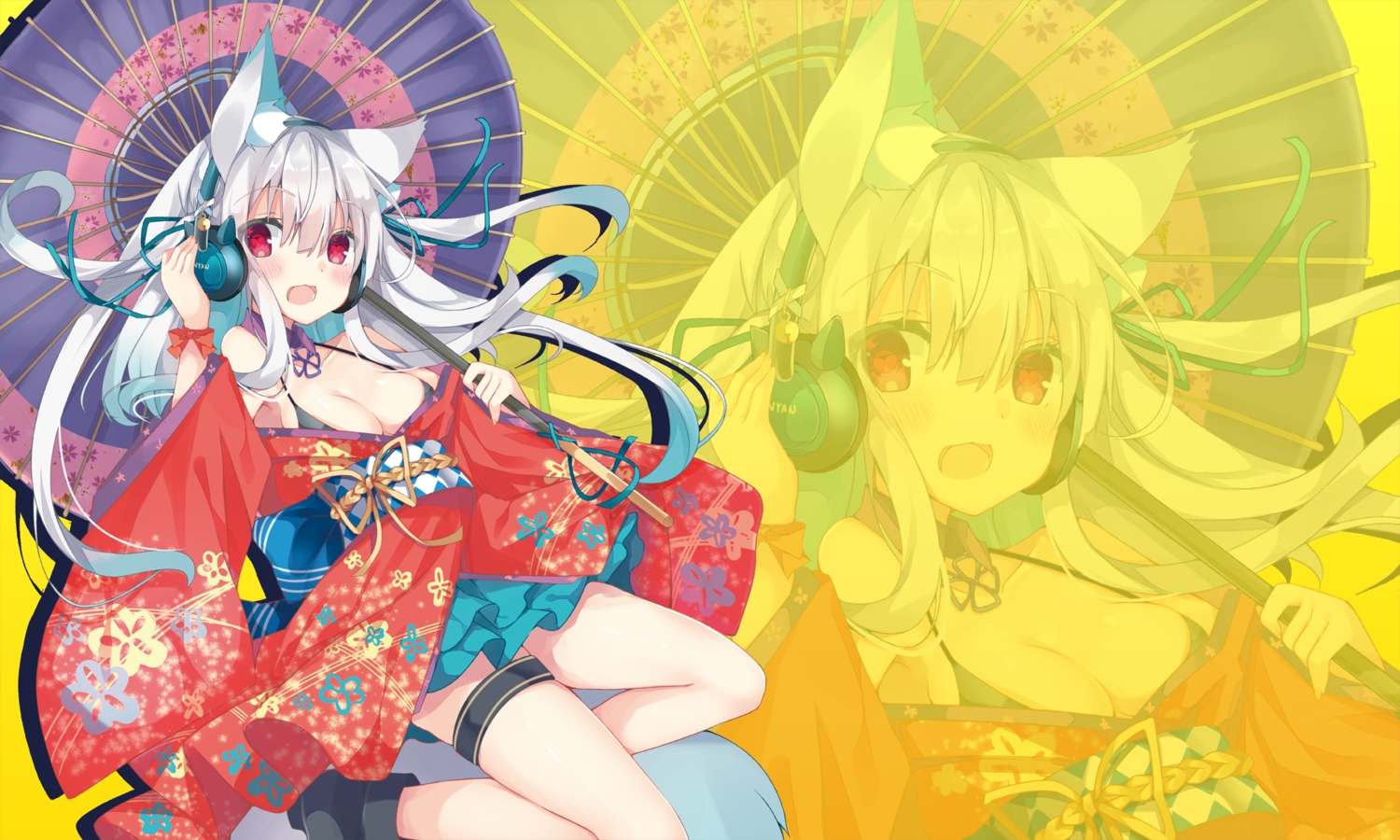 animal_ears, bikini_top, boots, breasts, cleavage, foxgirl, gray_hair, headphones