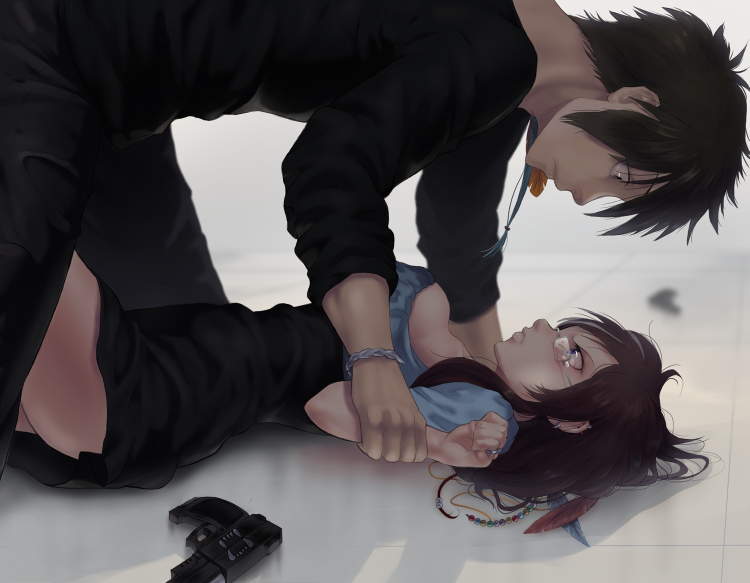 blue_eyes, brown_eyes, brown_hair, dress, glasses, gun, katekyou_hitman_reborn, long_hair