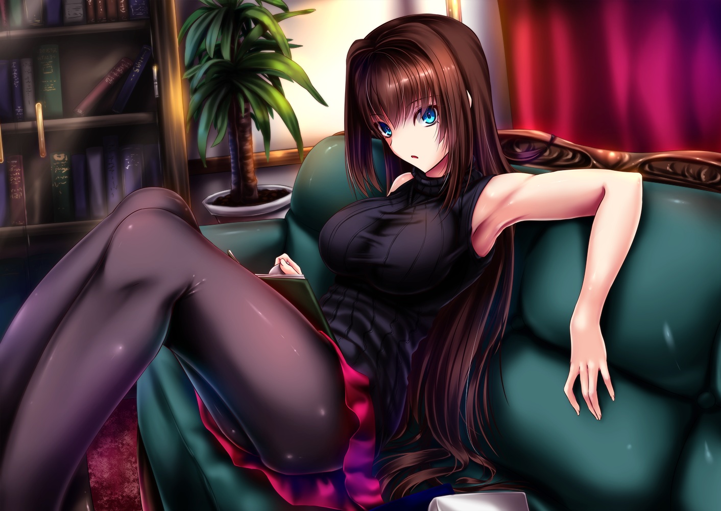 akeyama_kitsune, aozaki_aoko, aqua_eyes, book, breasts, brown_hair, couch, long_hair, mahou_tsukai_no_yoru, pantyhose, skirt, tree