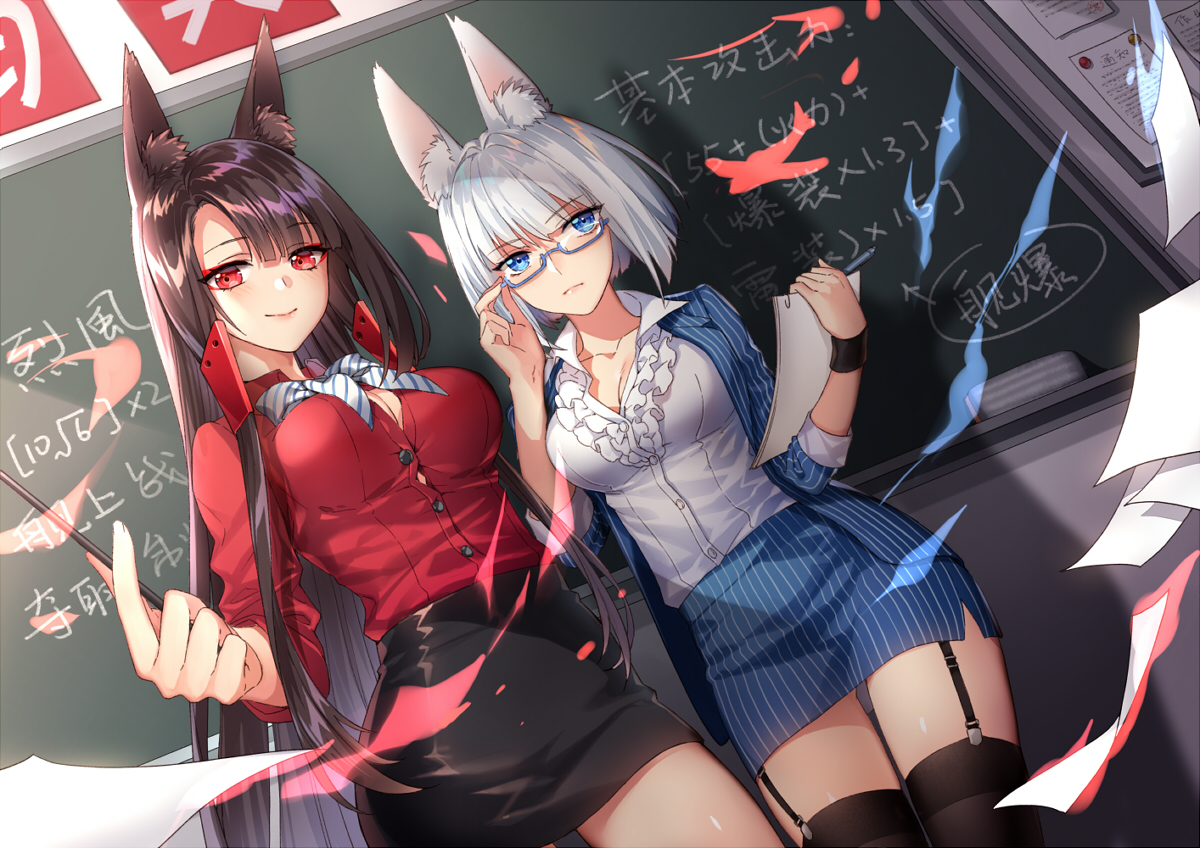 2girls, akagi_(azur_lane), animal_ears, anthropomorphism, azur_lane, blue_eyes, breasts, brown_hair, cleavage, foxgirl, garter_belt, glasses, kaga_(azur_lane), kangetsu_(fhalei), long_hair, red_eyes, short_hair, skirt, stockings, thighhighs, white_hair, wristwear, zettai_ryouiki