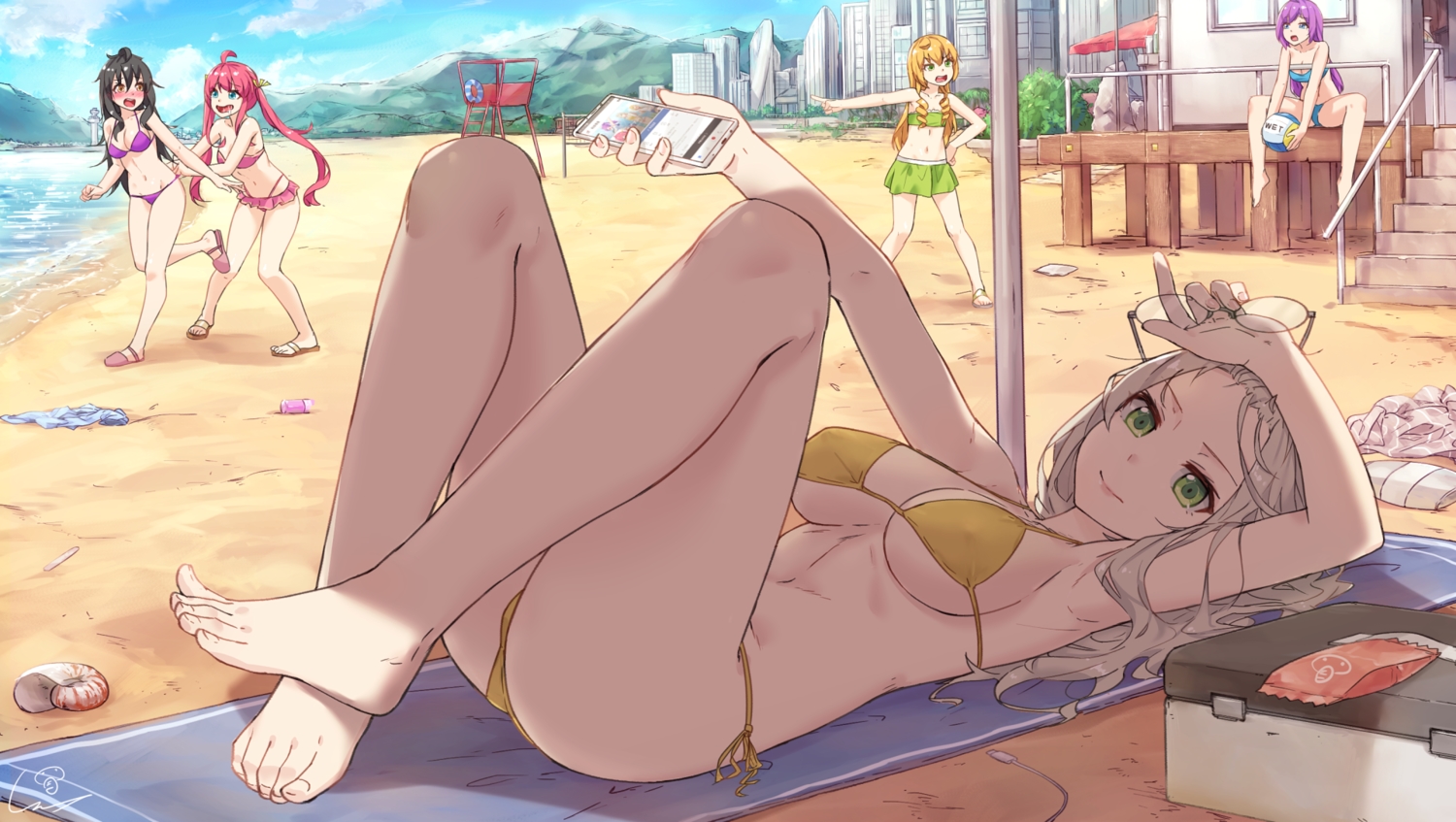 barefoot, beach, bikini, breasts, green_eyes, group, long_hair, original