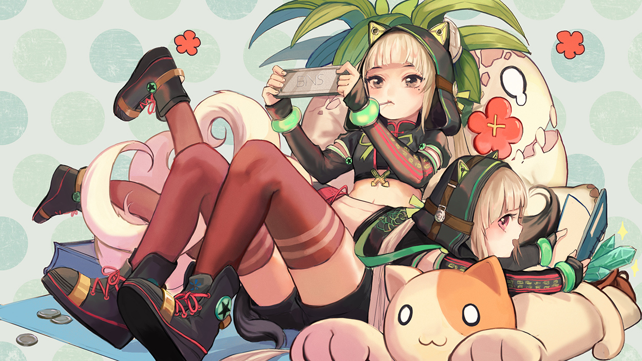 2girls, blade_&_soul, boots, guan_tang_baozi, hood, shorts, tagme_(character), thighhighs, wristwear