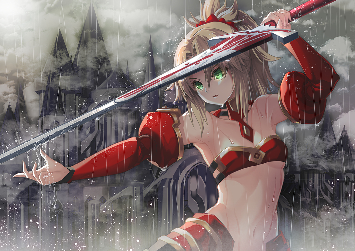 blonde_hair, fate/grand_order, fate_(series), green_eyes, mordred, navel, ponytail, rain, short_hair, suishougensou, sword, water, weapon