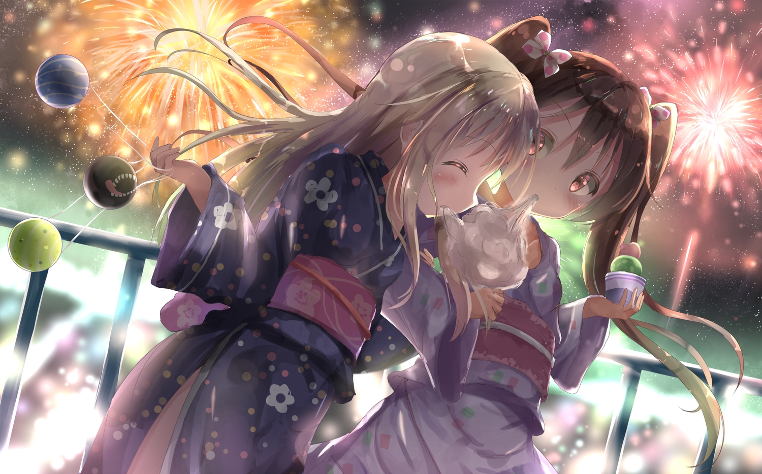 2girls, anthropomorphism, blonde_hair, blush, brown_hair, candy, fireworks, japanese_clothes
