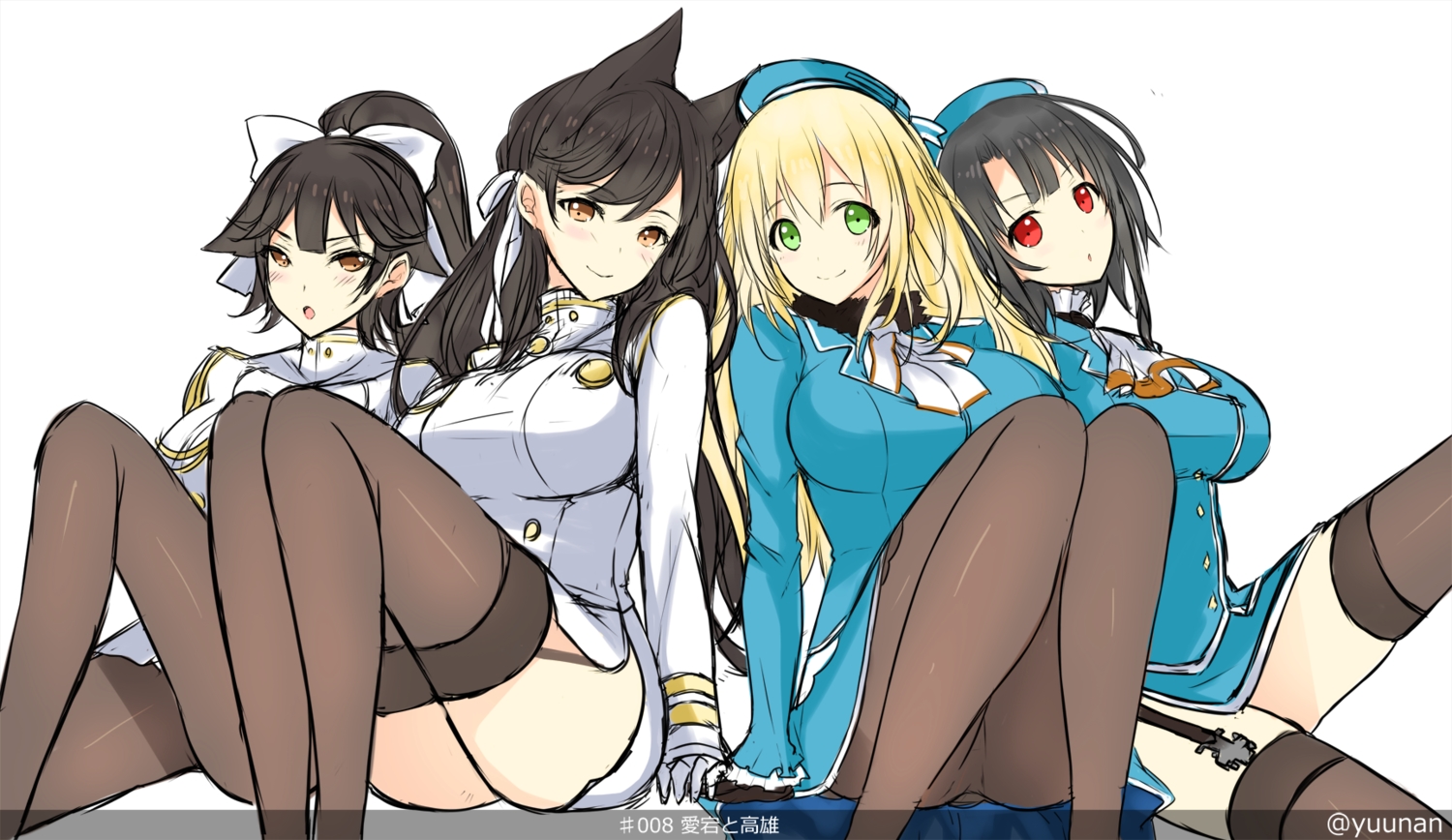 animal_ears, anthropomorphism, atago_(azur_lane), atago_(kancolle), azur_lane, black_hair, blonde_hair, blush
