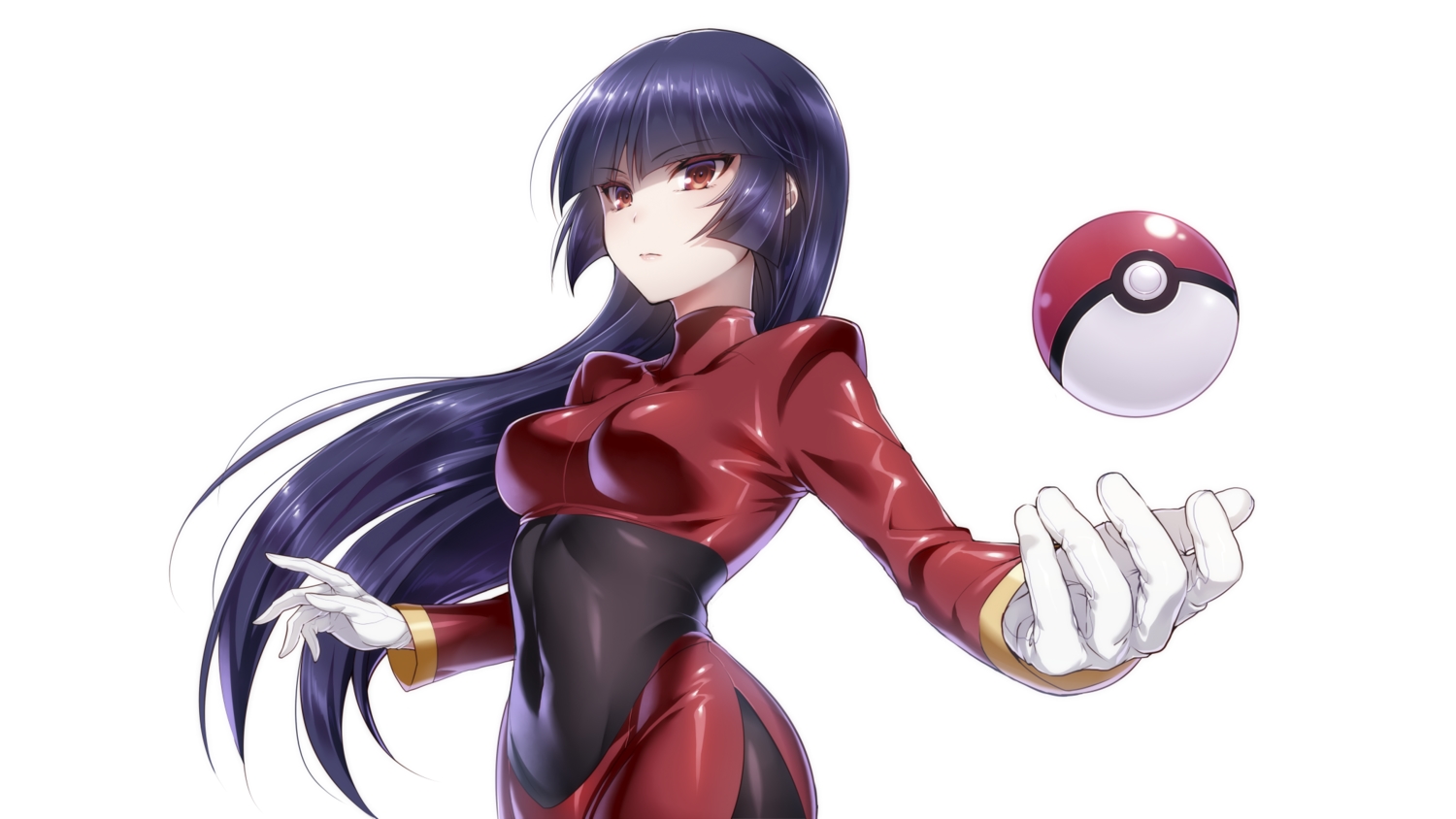 ball, black_hair, bodysuit, breasts, gloves, hizuki_akira, long_hair, natsume_(pokemon), pokemon, red_eyes, skintight, white