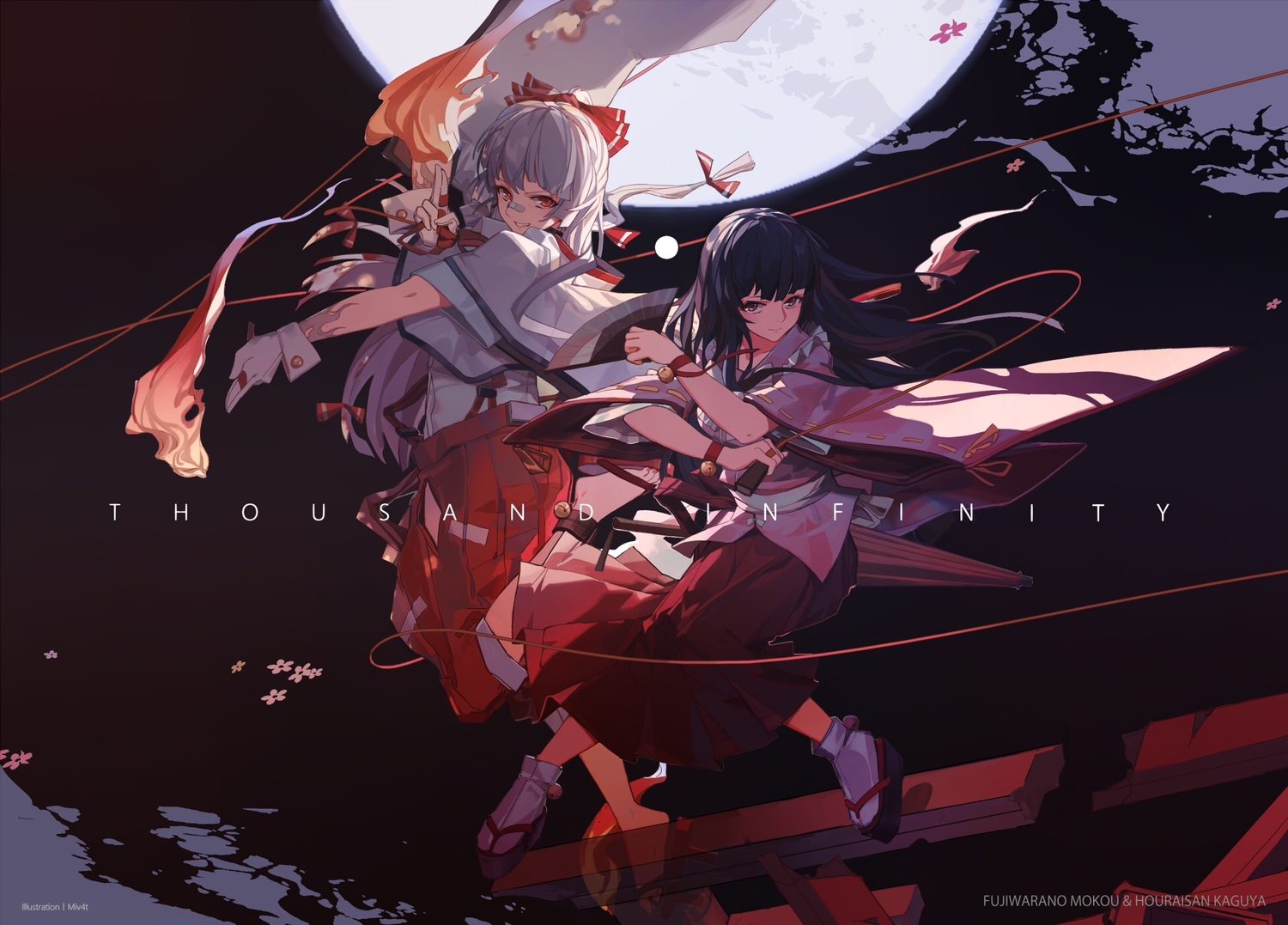 2girls, bandaid, black_hair, brown_eyes, fire, fujiwara_no_mokou, gloves, houraisan_kaguya