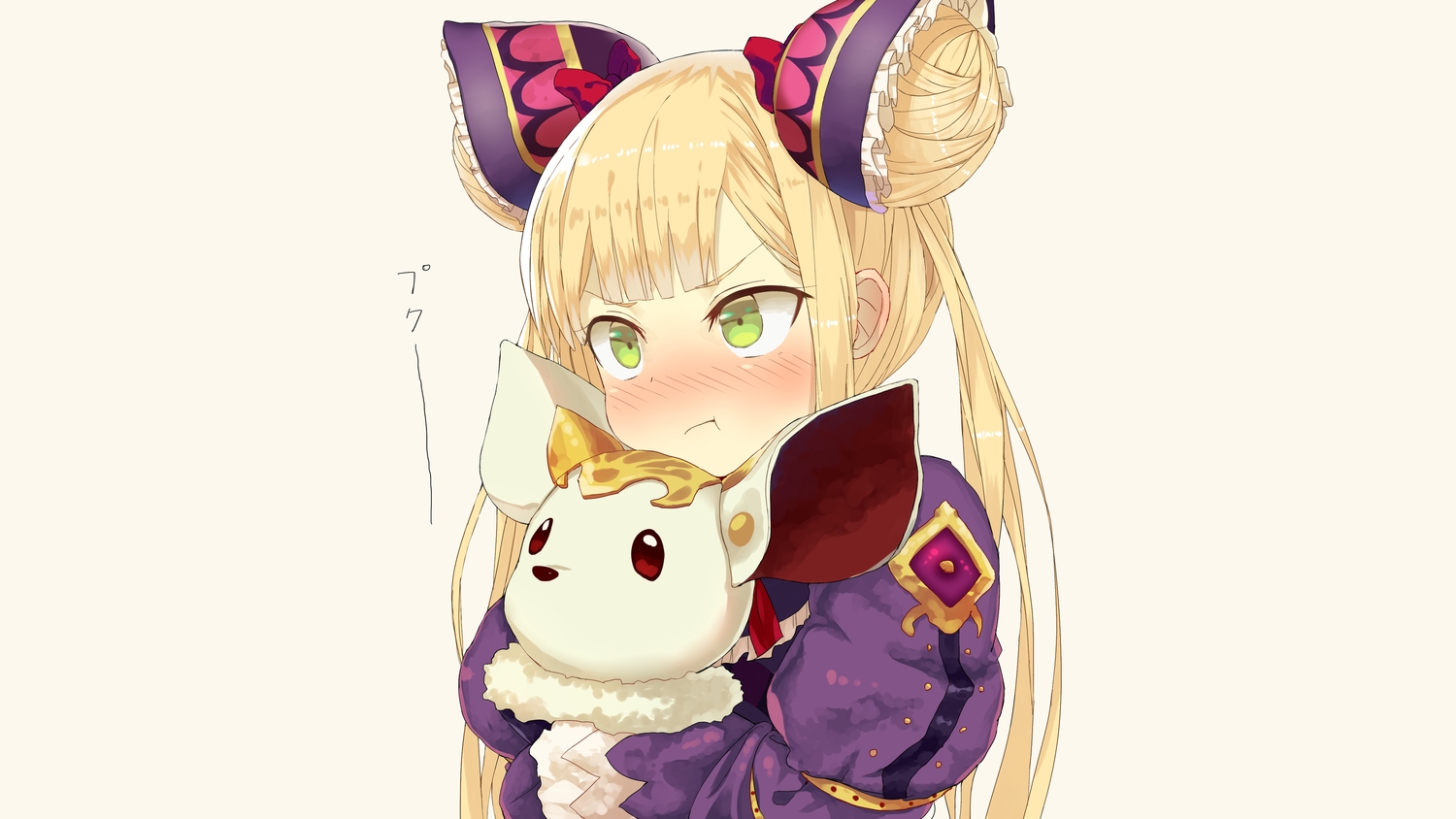 animal, blonde_hair, blush, bow, brown, doll, green_eyes, headdress