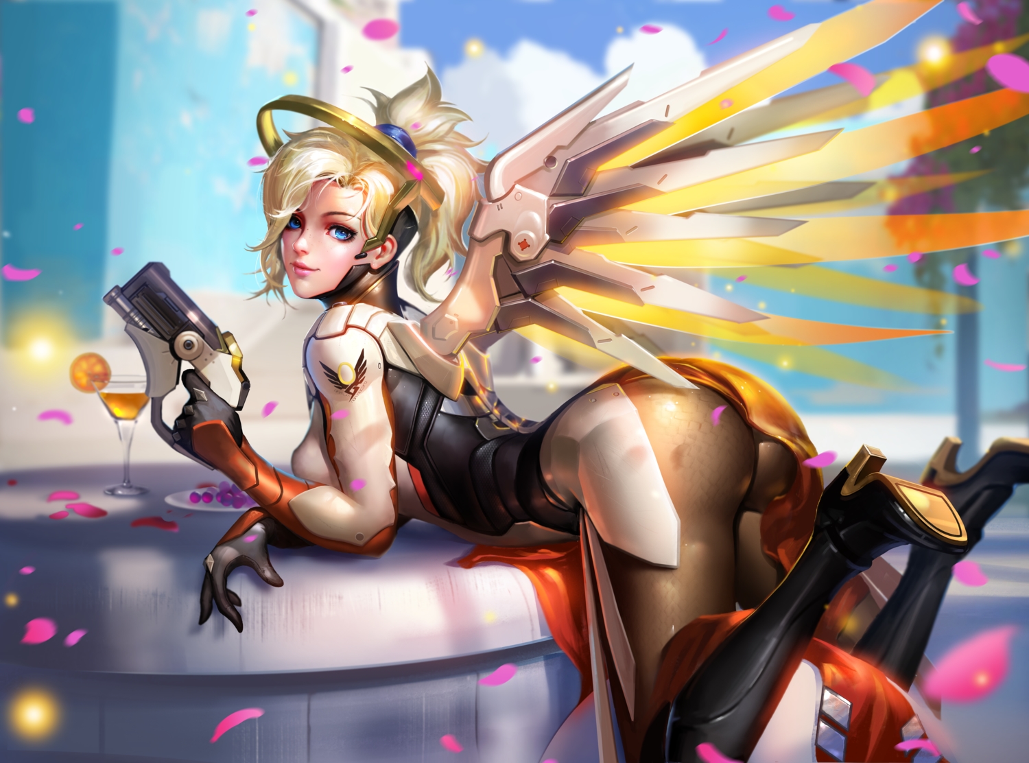 aqua_eyes, ass, blonde_hair, bodysuit, boots, drink, gun, liang_xing