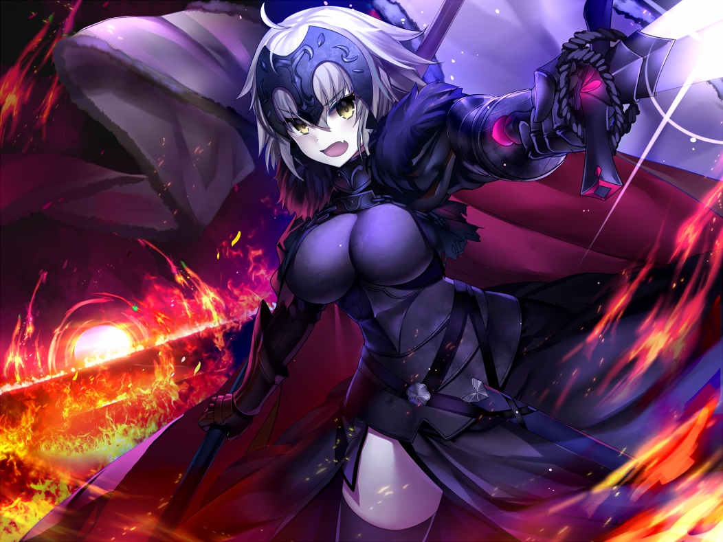 armor, breasts, fate/grand_order, fate_(series), fire, gendo0032, gray_hair, headdress