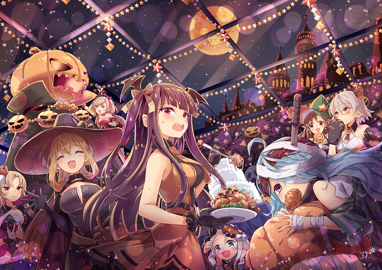 anthropomorphism, aqua_eyes, aqua_hair, bandage, blonde_hair, brown_eyes, brown_hair, cape, drink, elbow_gloves, fang, food, g11_(girls_frontline), girls_frontline, glasses, gloves, gray_hair, halloween, hat, m1919a4_(girls_frontline), mk_23_(girls_frontline), mp5_(girls_frontline), pumpkin, purple_hair, red_eyes, short_hair, signed, springfield_(girls_frontline), sword, twintails, type_64_(girls_frontline), vector_(girls_frontline), wa2000_(girls_frontline), weapon, witch_hat, wristwear, zenyu