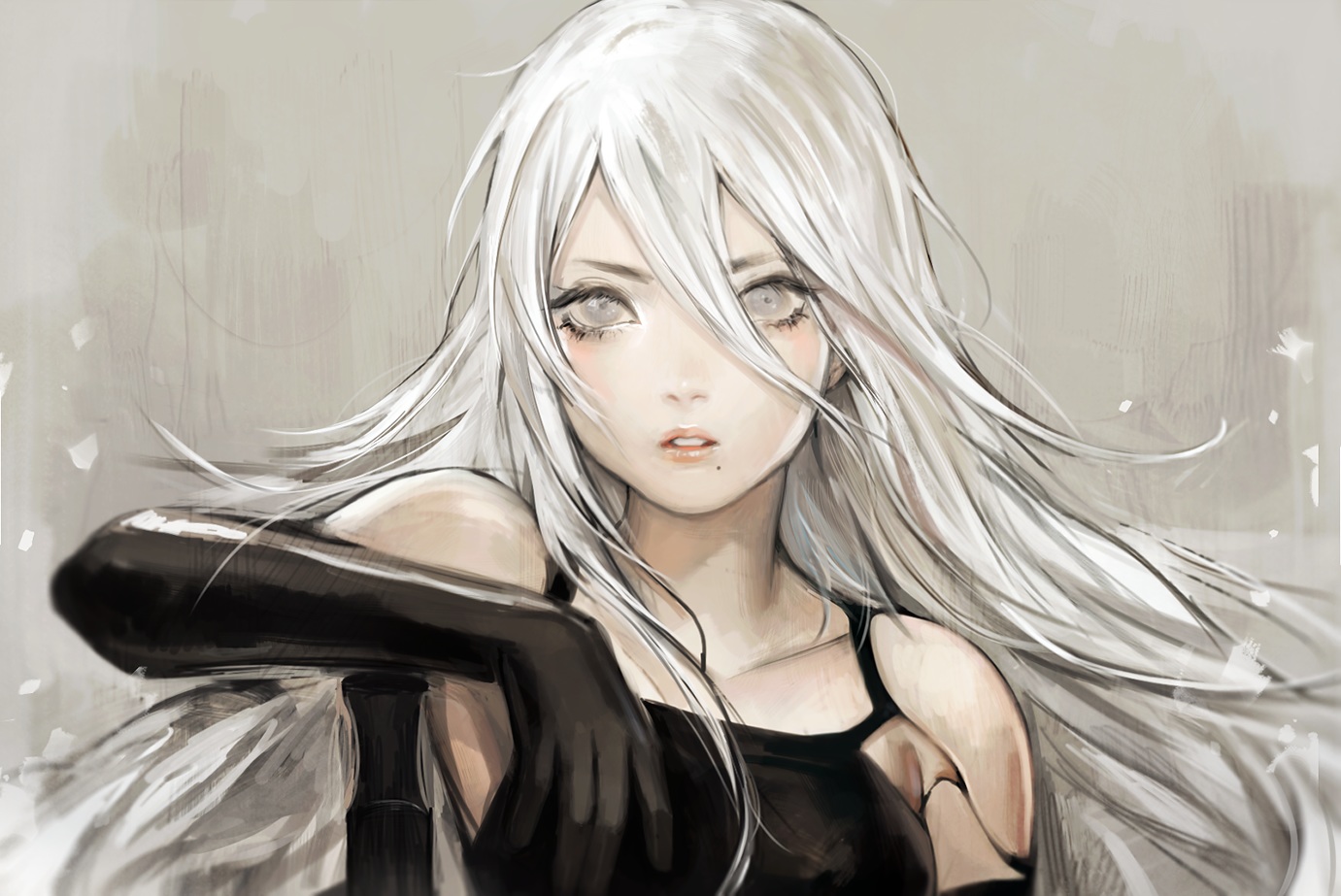 elbow_gloves, gloves, gray_eyes, long_hair, nier, nier:_automata, polychromatic, viorie, white_hair, yorha_unit_no._2_type_a