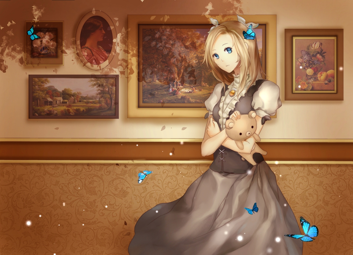 blonde_hair, blue_eyes, bow, butterfly, dress, escente, long_hair, necklace, original, teddy_bear