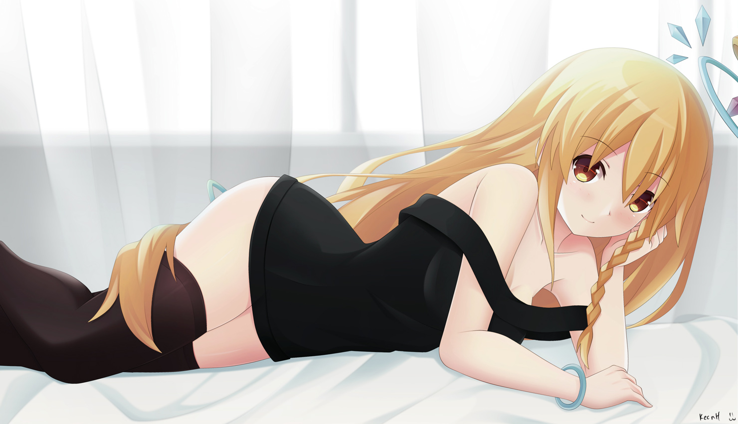 bed, blonde_hair, braids, dress, hyperdimension_neptunia_vii, kaku-san-sei_million_arthur, keenh, long_hair