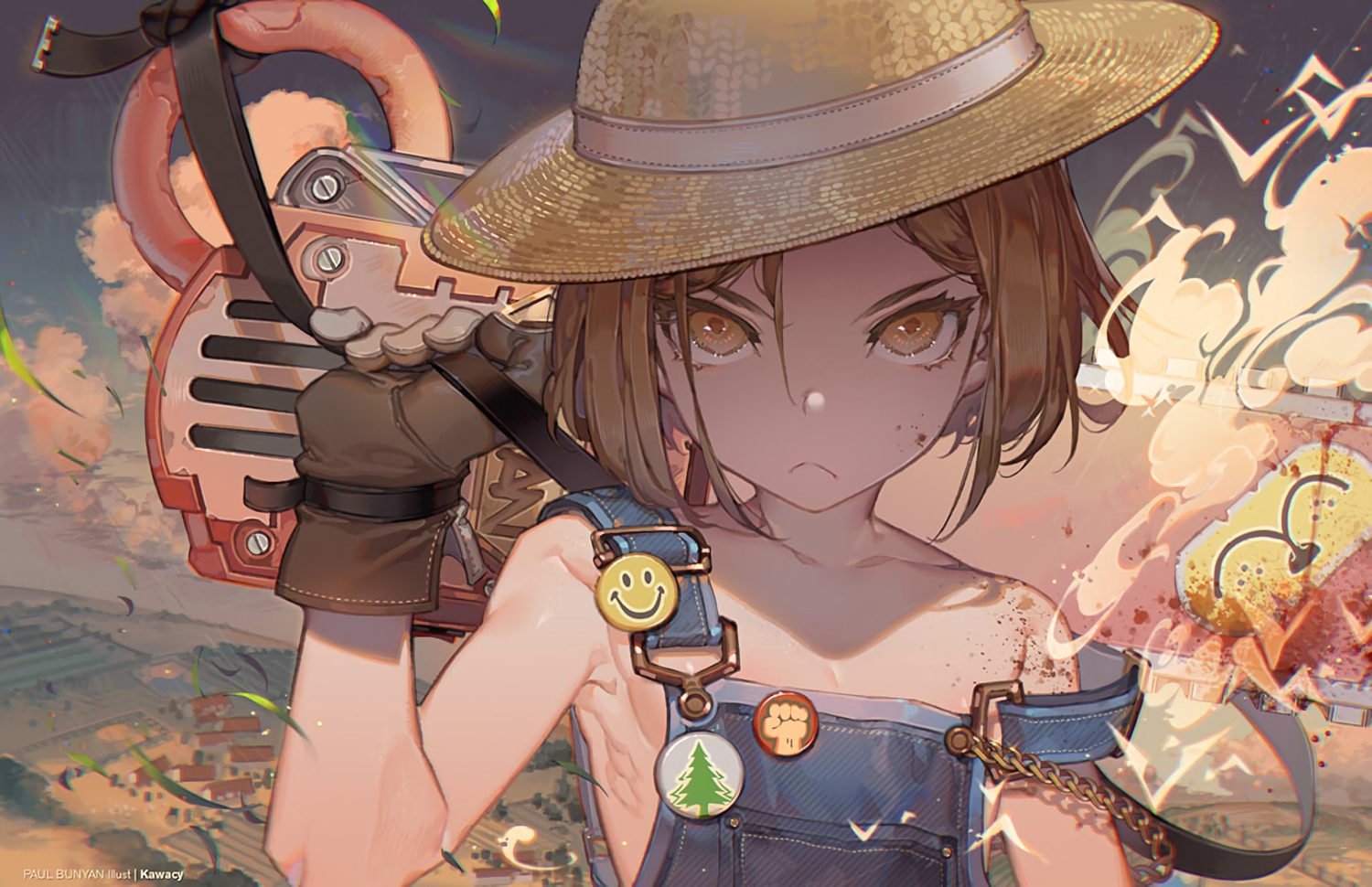 blood, brown_eyes, brown_hair, chain, chainsaw, clouds, fate/grand_order, fate_(series)