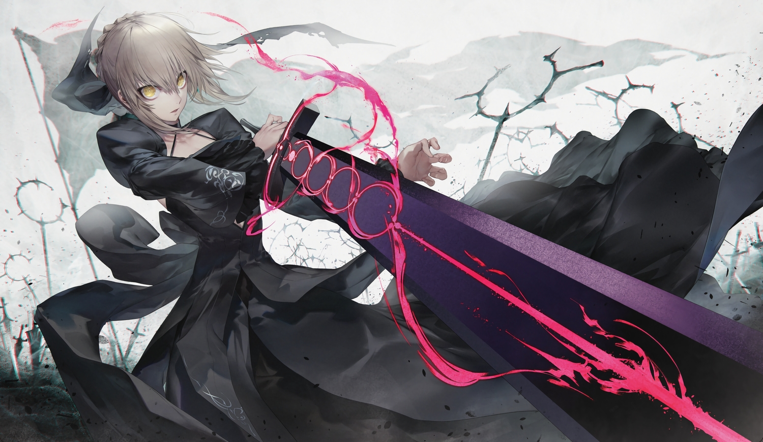 artoria_pendragon_(all), blonde_hair, braids, dress, fate/grand_order, fate_(series), kodama_(wa-ka-me), magic