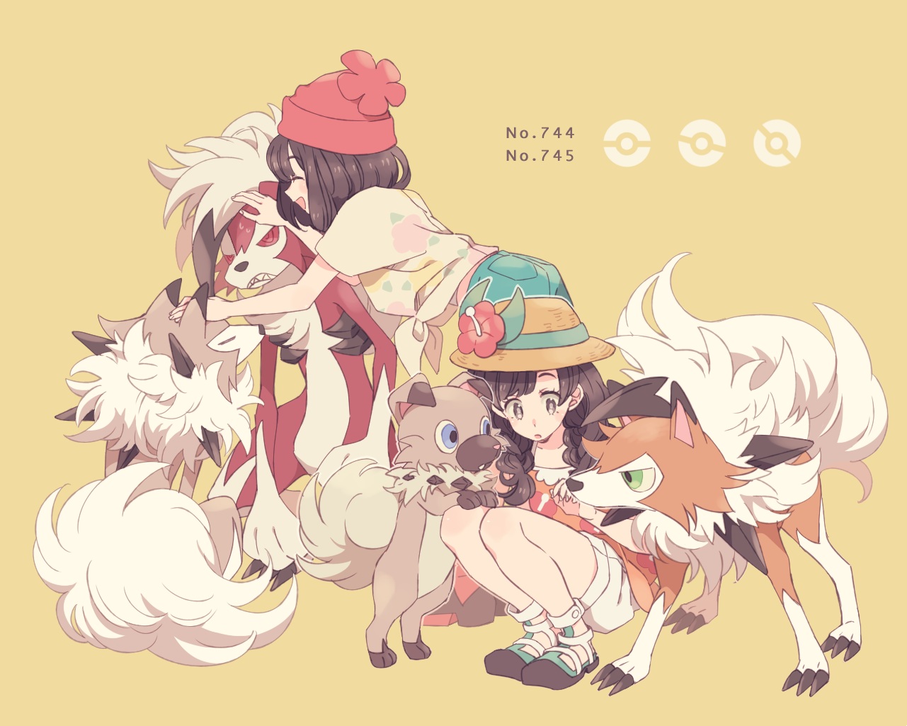 animal, braids, brown_eyes, brown_hair, dog, hat, komasawa_(fmn-ppp), long_hair, lycanroc, mizuki_(pokemon), pokemon, rockruff, short_hair, shorts, twintails, yellow