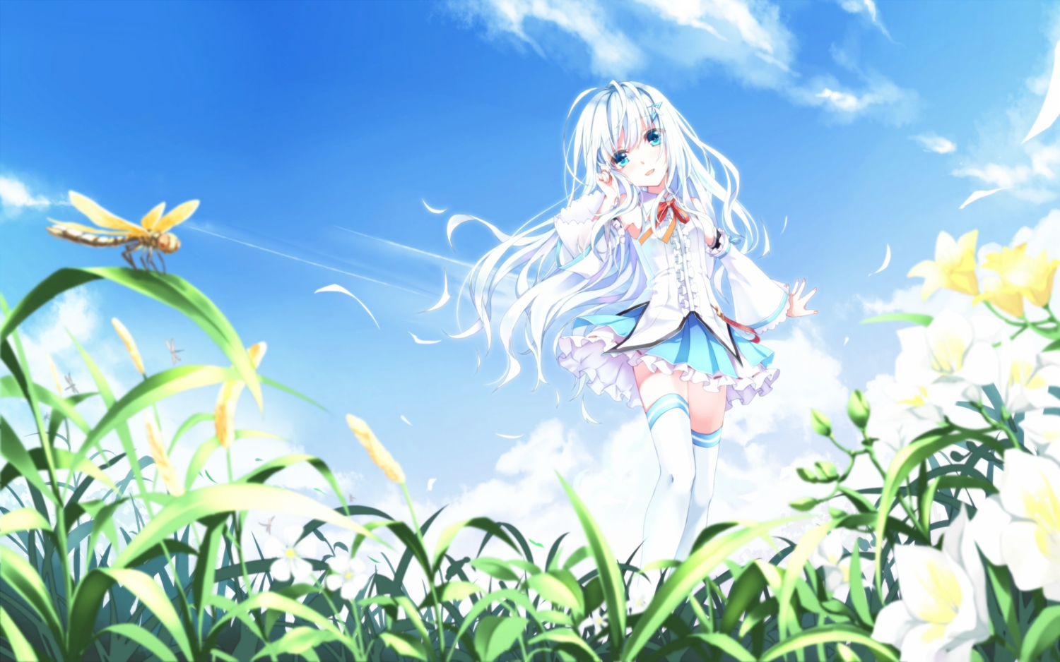 animal, anthropomorphism, aqua_eyes, bow, clouds, flowers, hika_(cross-angel), kuuki_shoujo