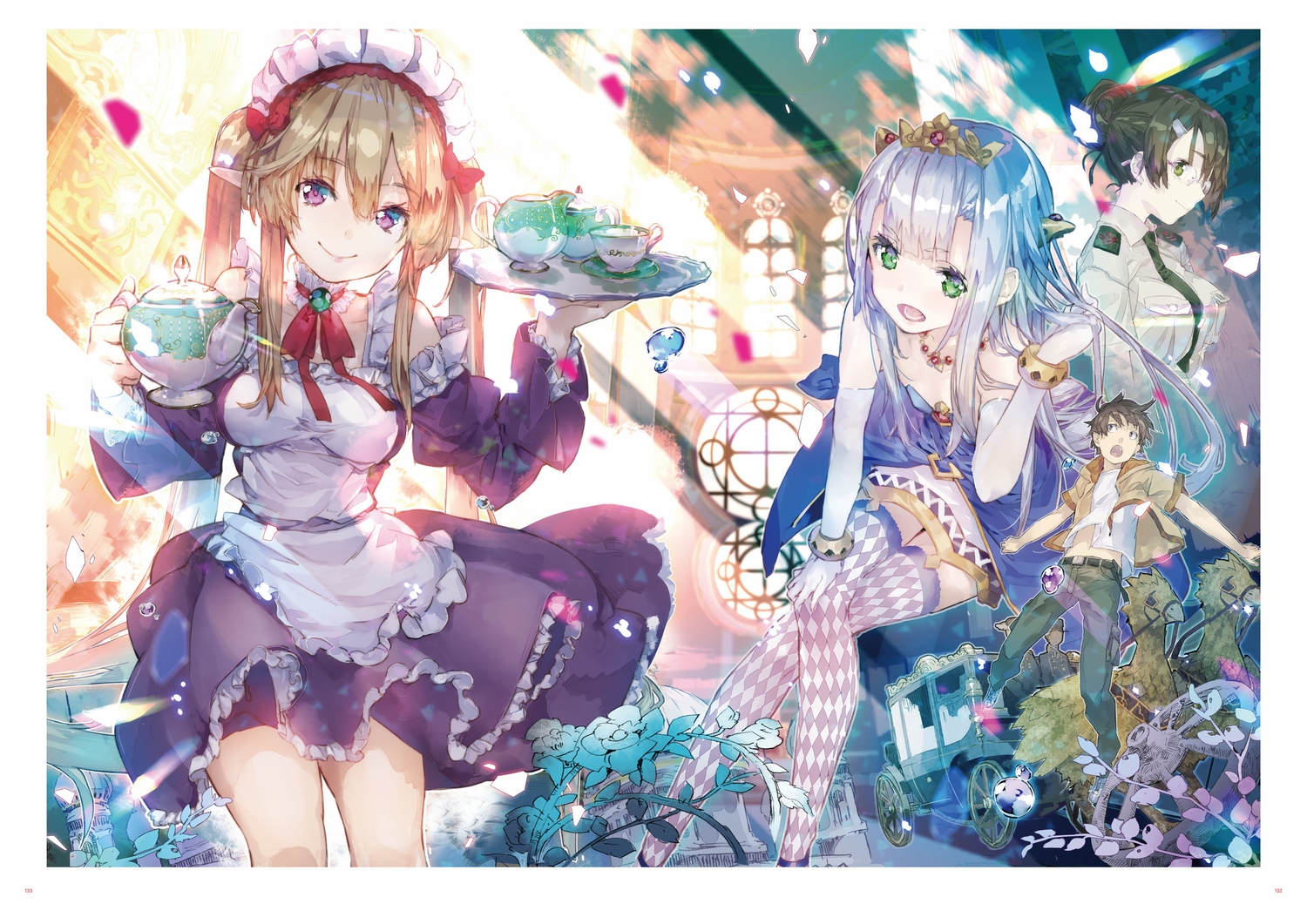 animal, bow, brown_hair, dress, drink, green_eyes, hat, kanou_shinichi