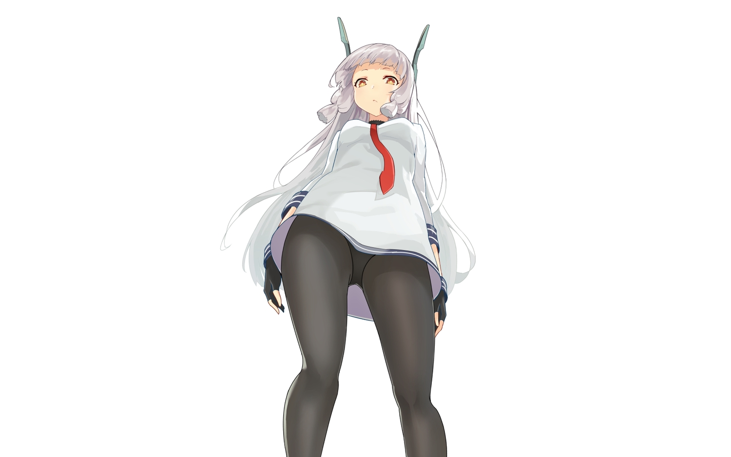 anthropomorphism, brown_eyes, dress, kantai_collection, long_hair, murakumo_(kancolle), oweee, panties, pantyhose, tie, underwear, white, white_hair