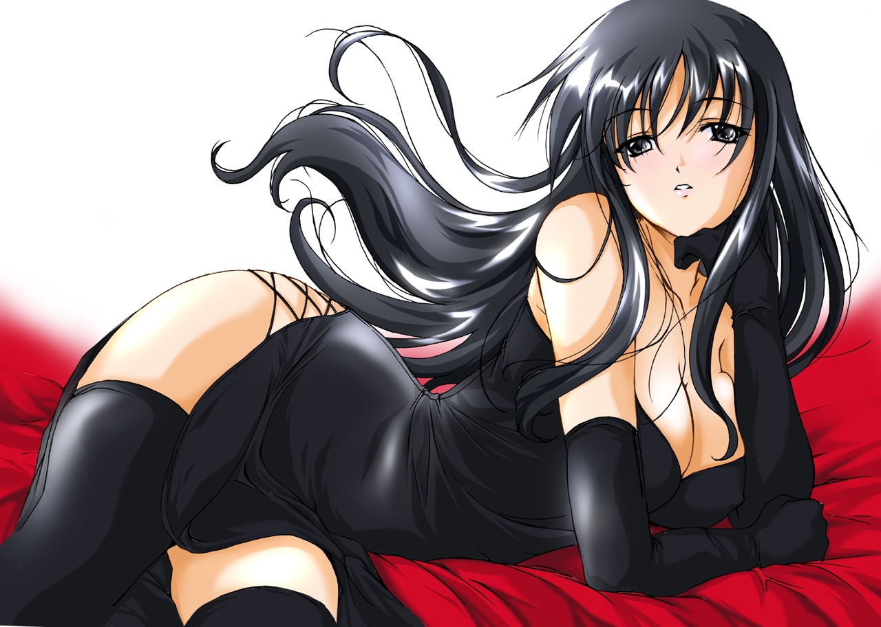 ayakaze_ryuushou, bed, black_eyes, black_hair, breasts, cleavage, dress, elbow_gloves